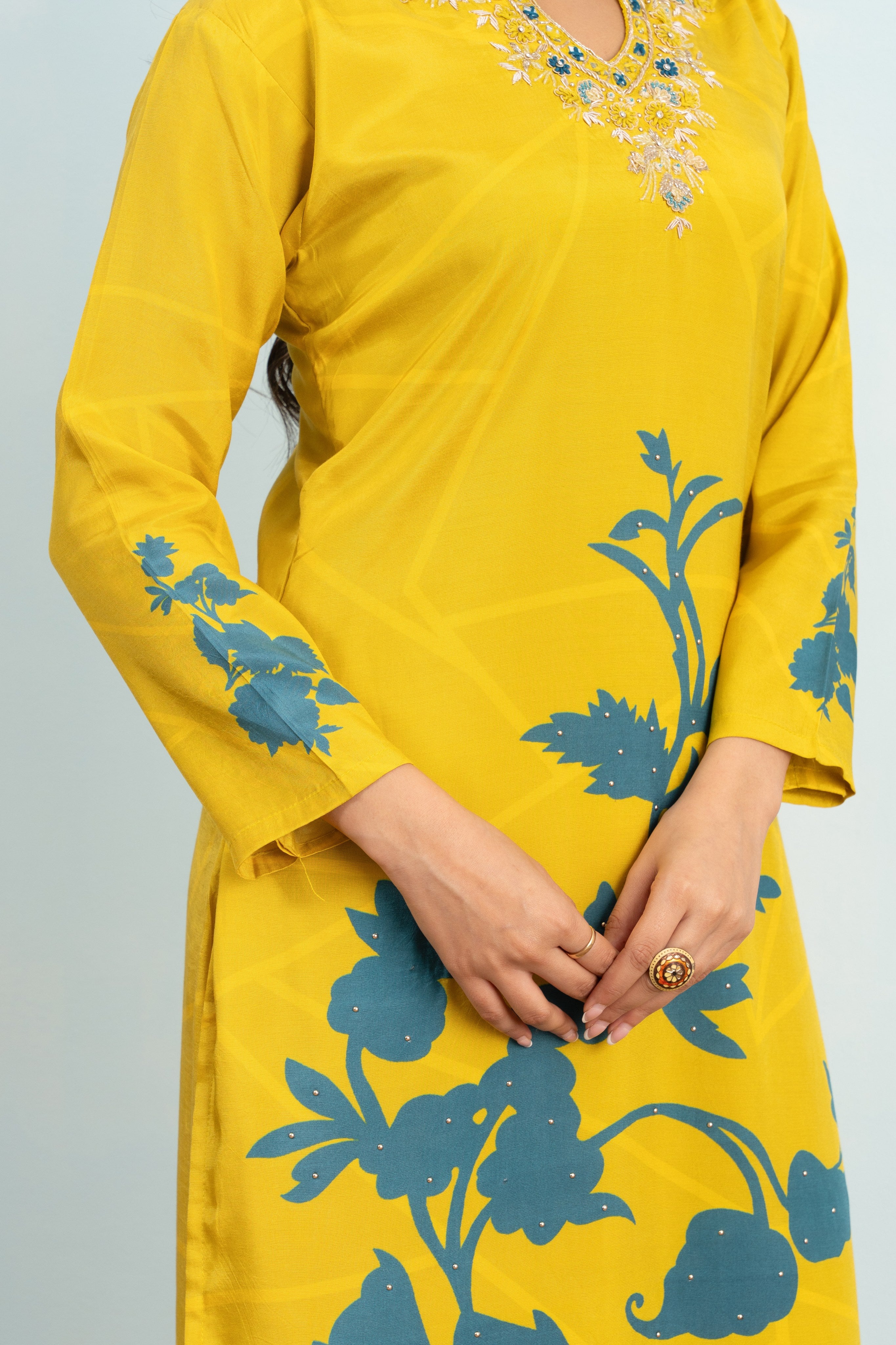 Varamya Lemon Yellow Straight Shimmer Handwork And Printed Suit