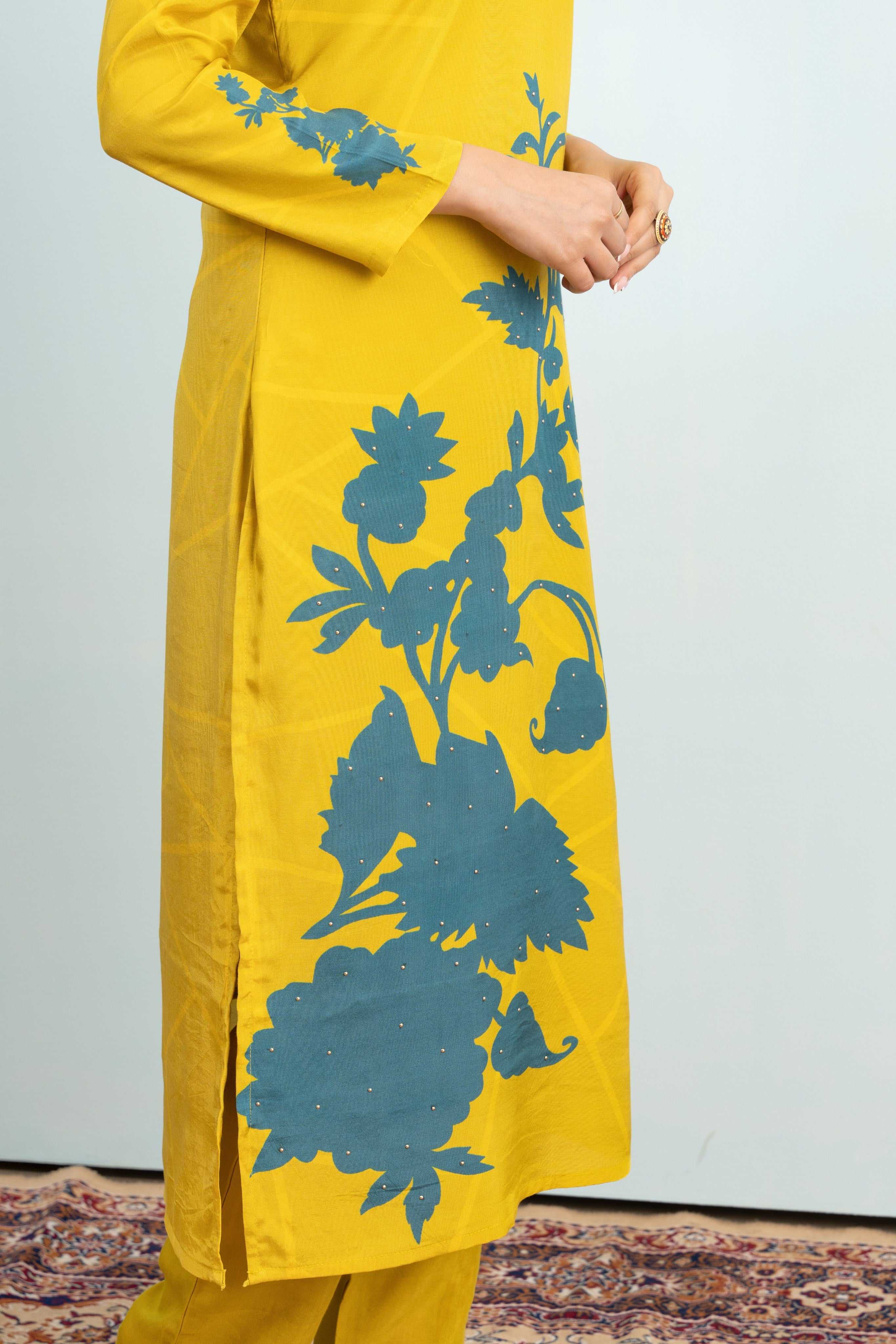 Varamya Lemon Yellow Straight Shimmer Handwork And Printed Suit