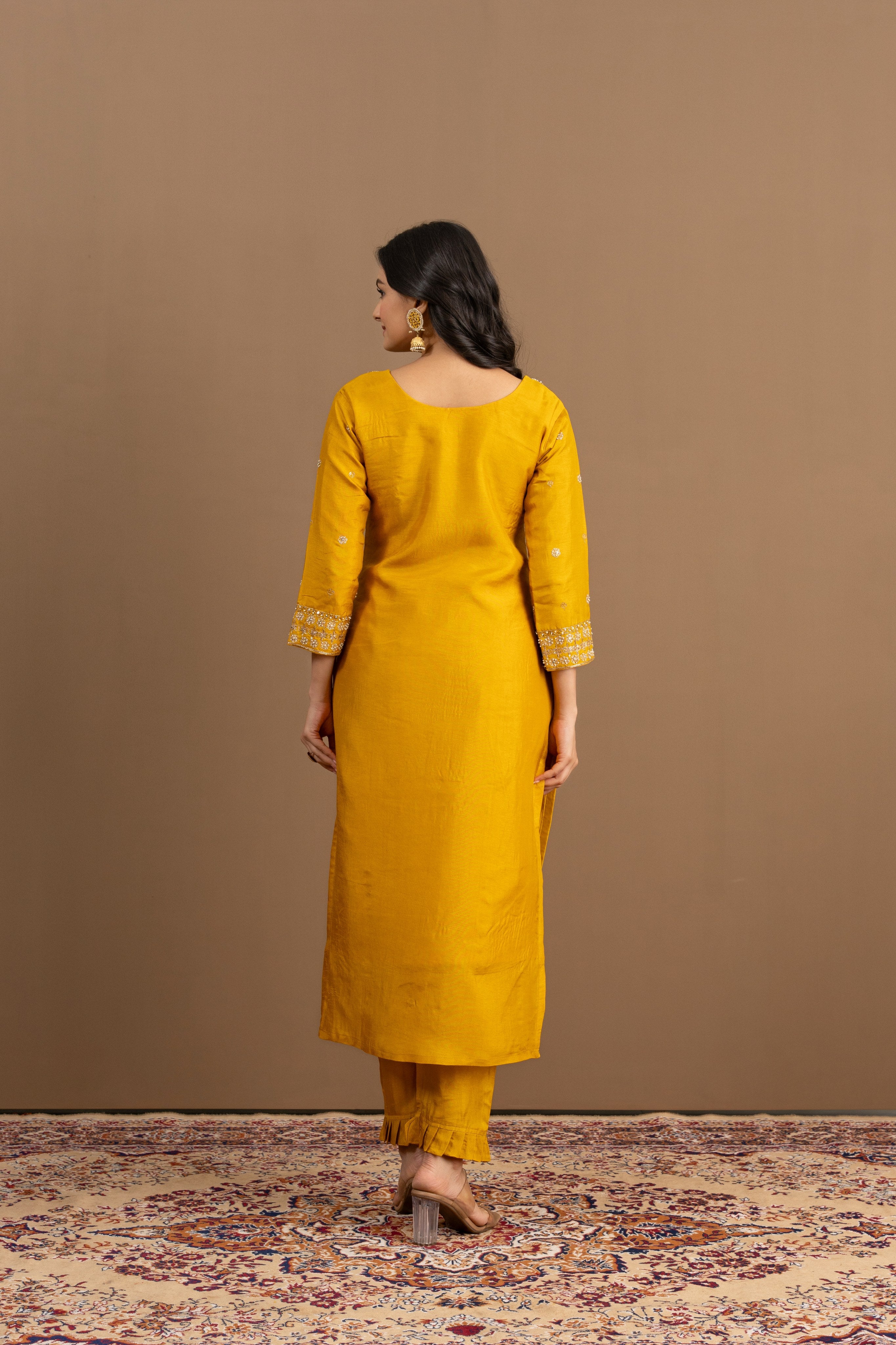 Varamya Mustard Sweart-heart Neck And Handwork Straight Suit