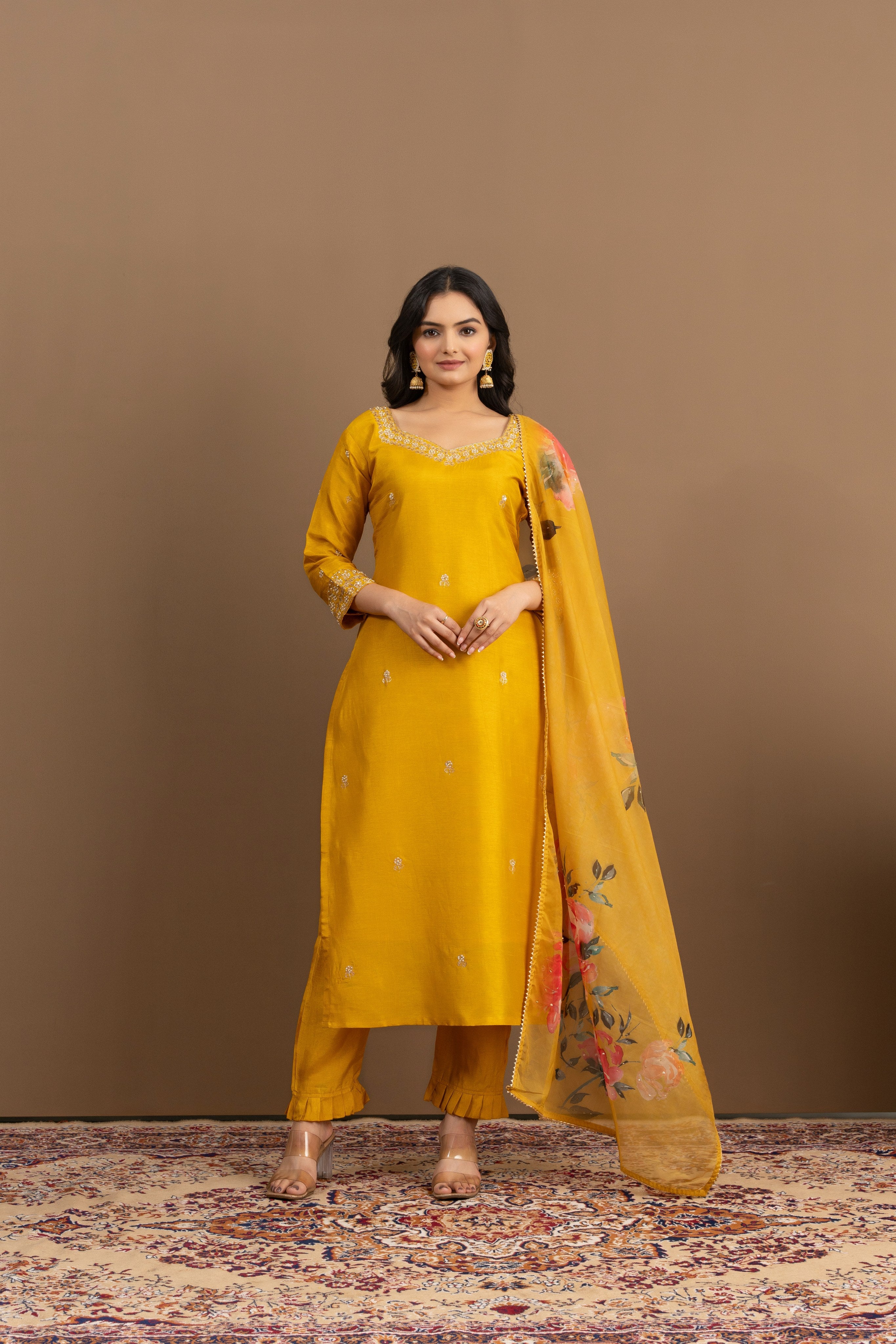 Varamya Mustard Sweart-heart Neck And Handwork Straight Suit