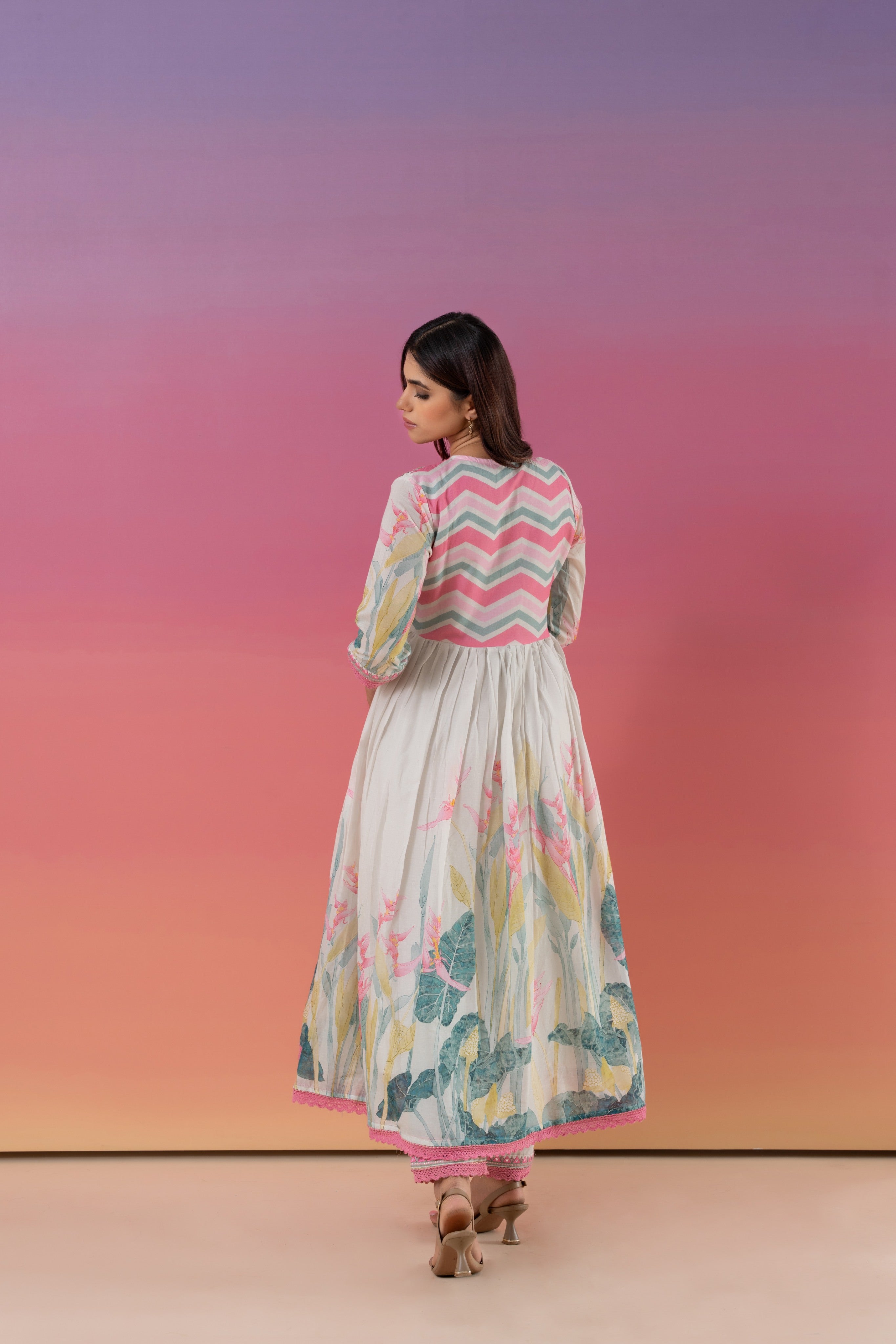 Floral Print With Embroidered And Gathered Anarkali Suit Set
