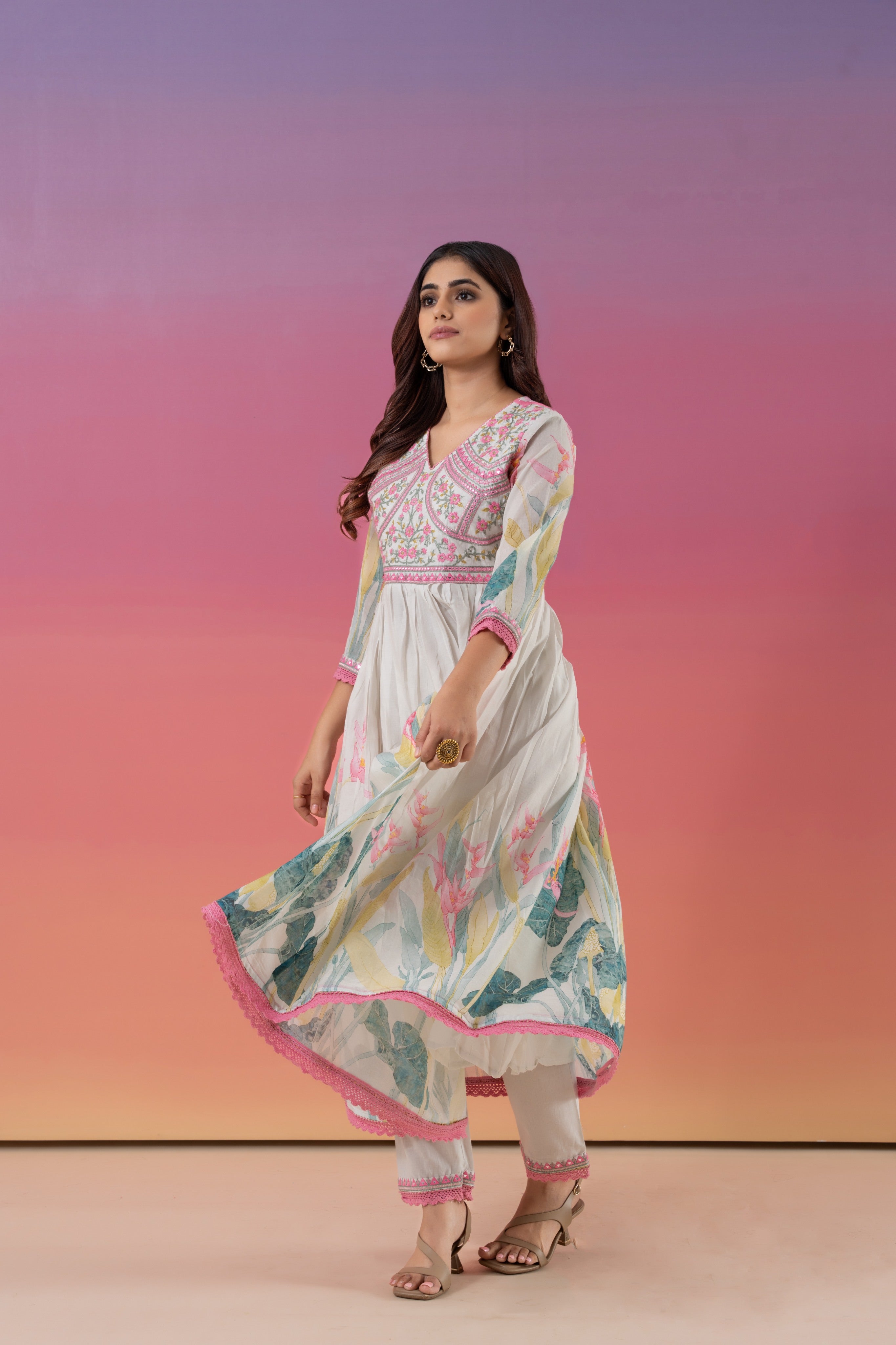 Floral Print With Embroidered And Gathered Anarkali Suit Set