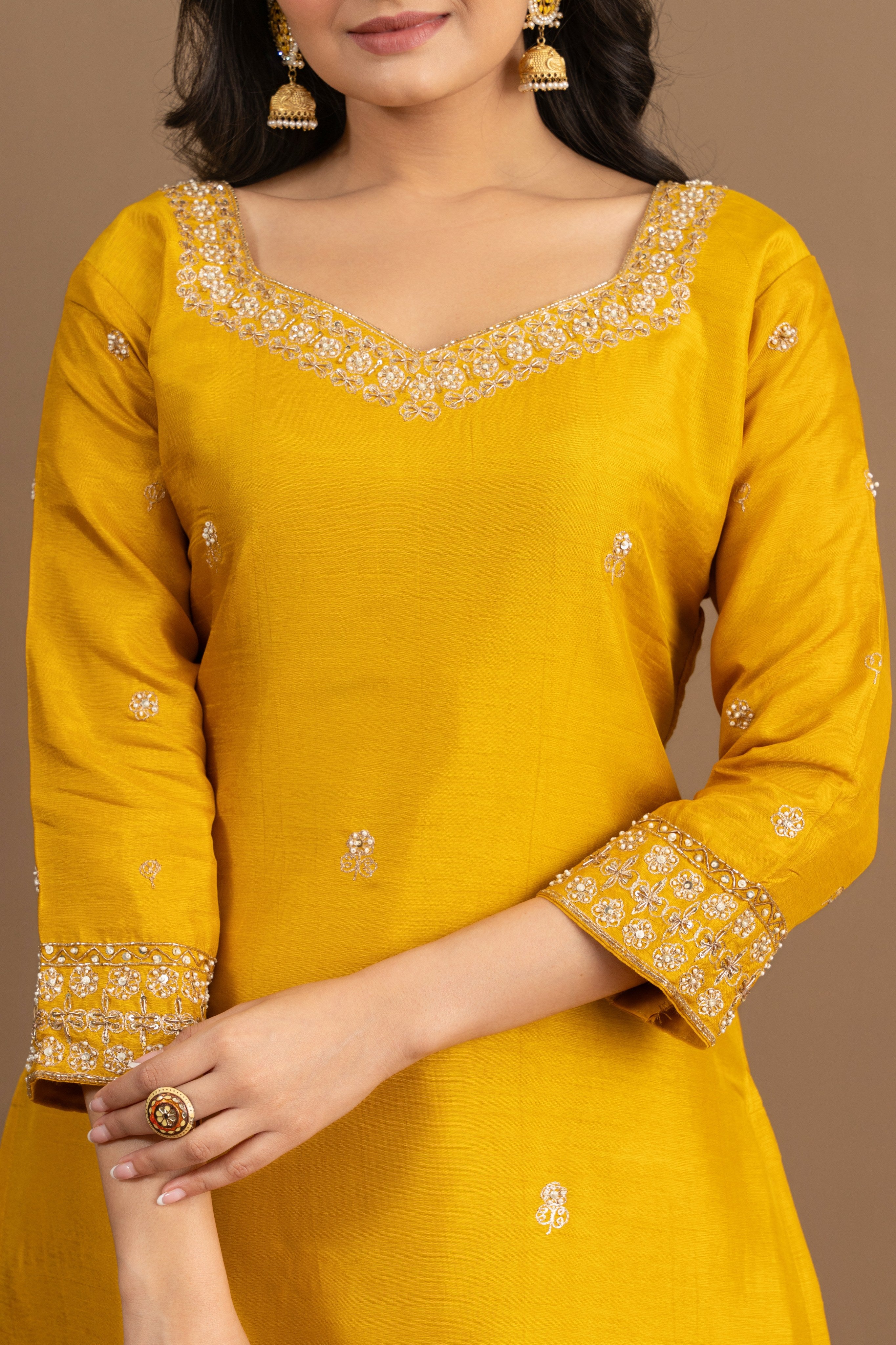 Varamya Mustard Sweart-heart Neck And Handwork Straight Suit