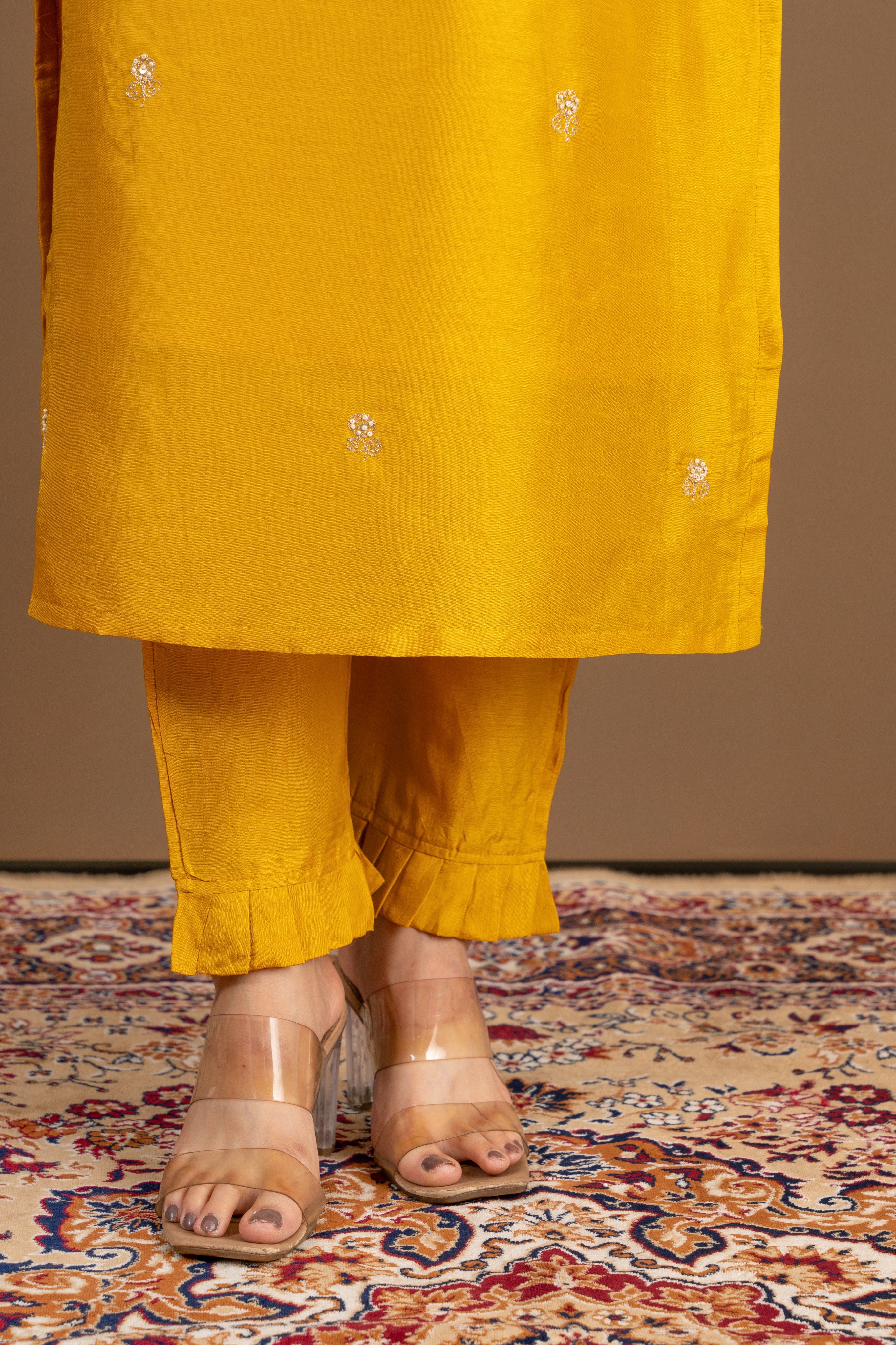 Varamya Mustard Sweart-heart Neck And Handwork Straight Suit
