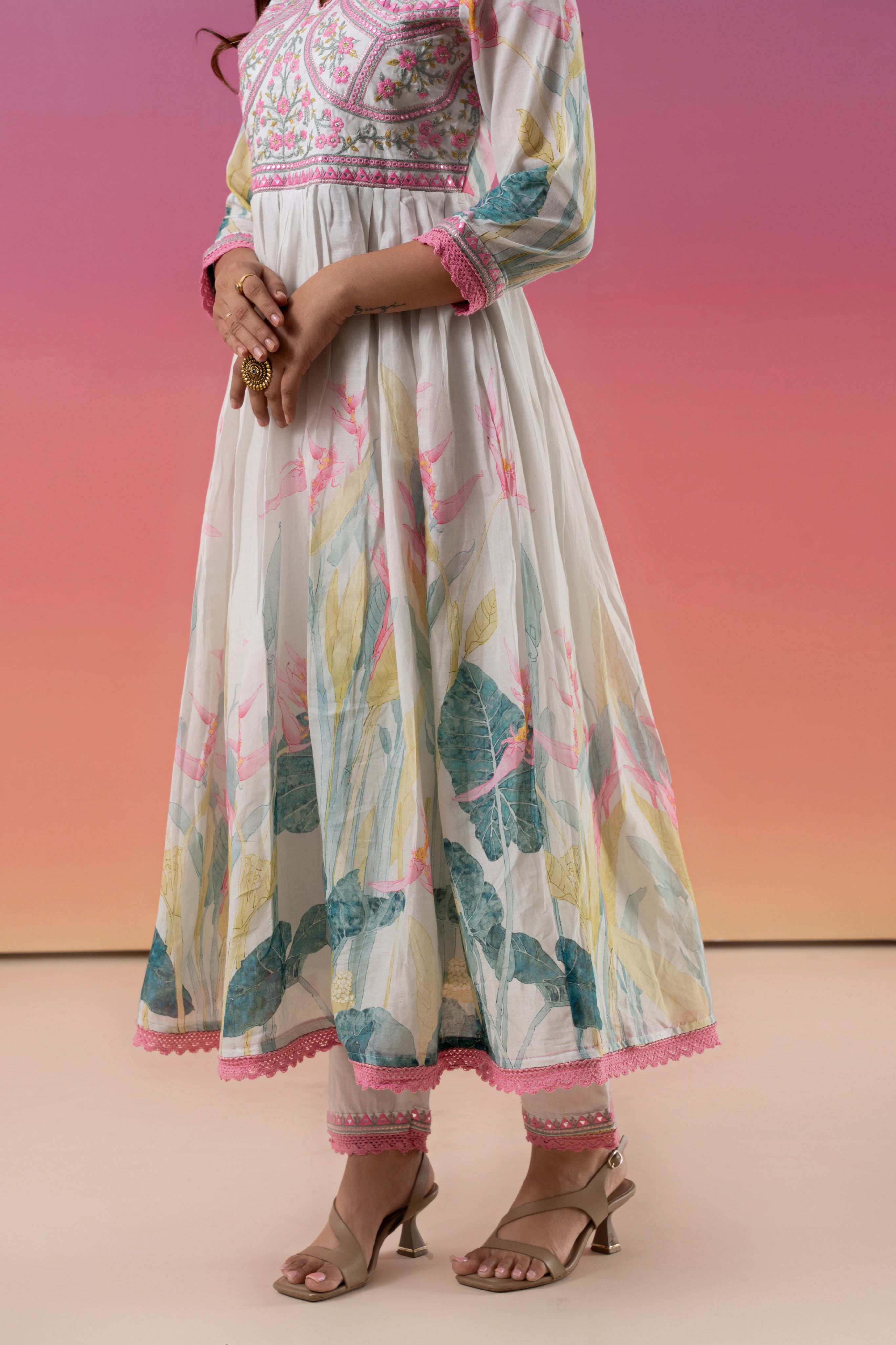 Floral Print With Embroidered And Gathered Anarkali Suit Set