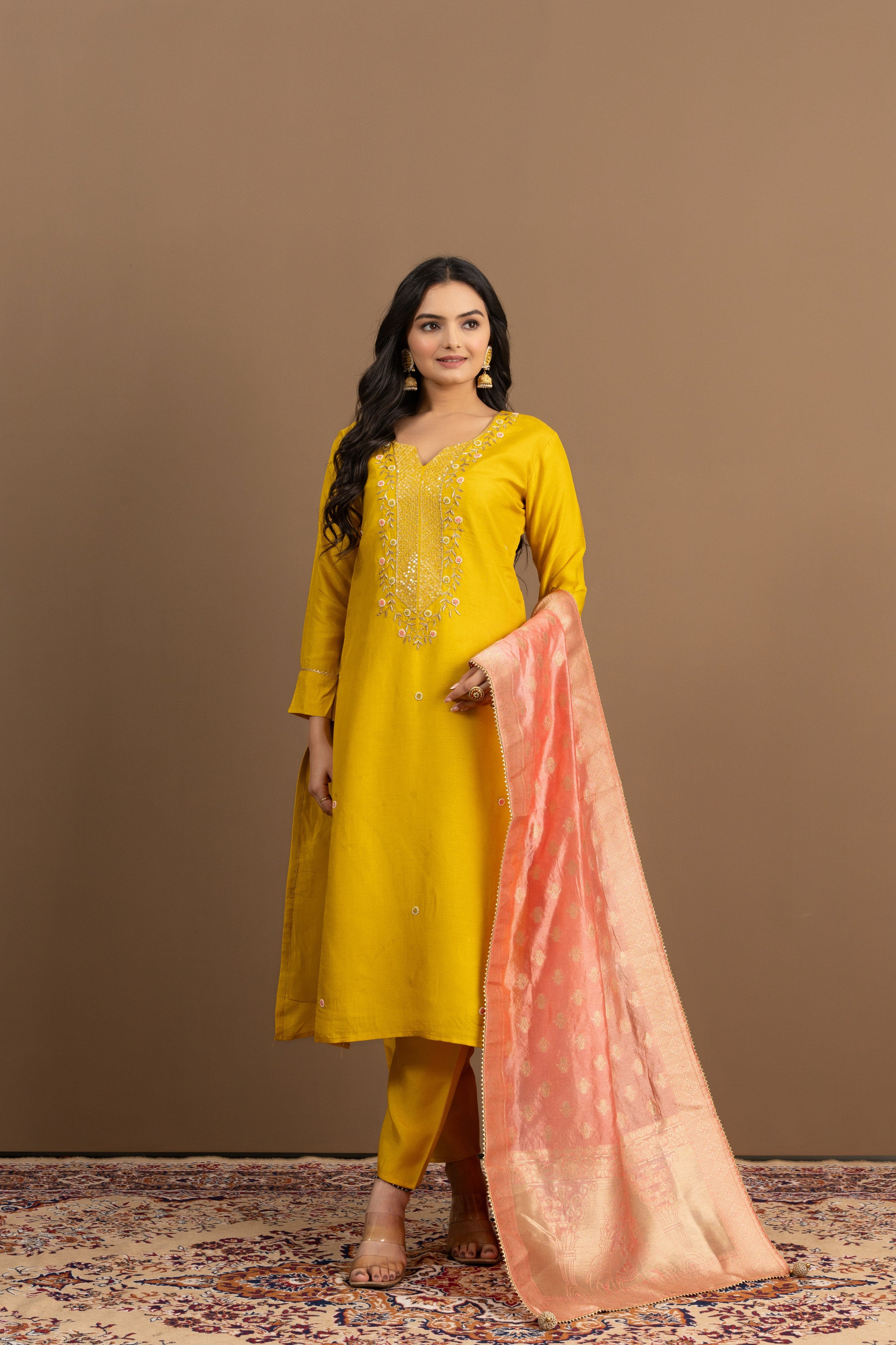 Varamya Yellow Handwork Straight Suit Set