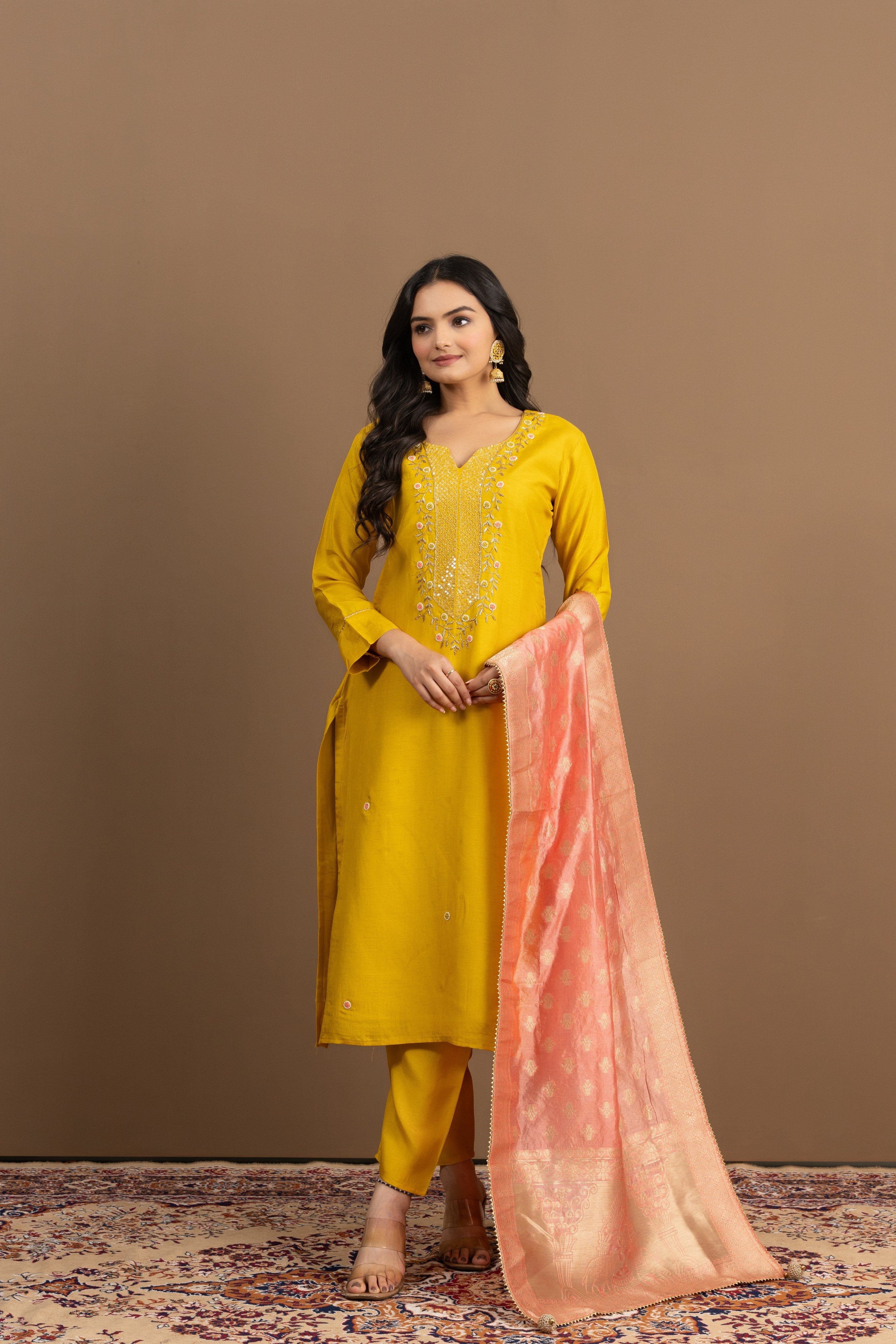 Varamya Yellow Handwork Straight Suit Set