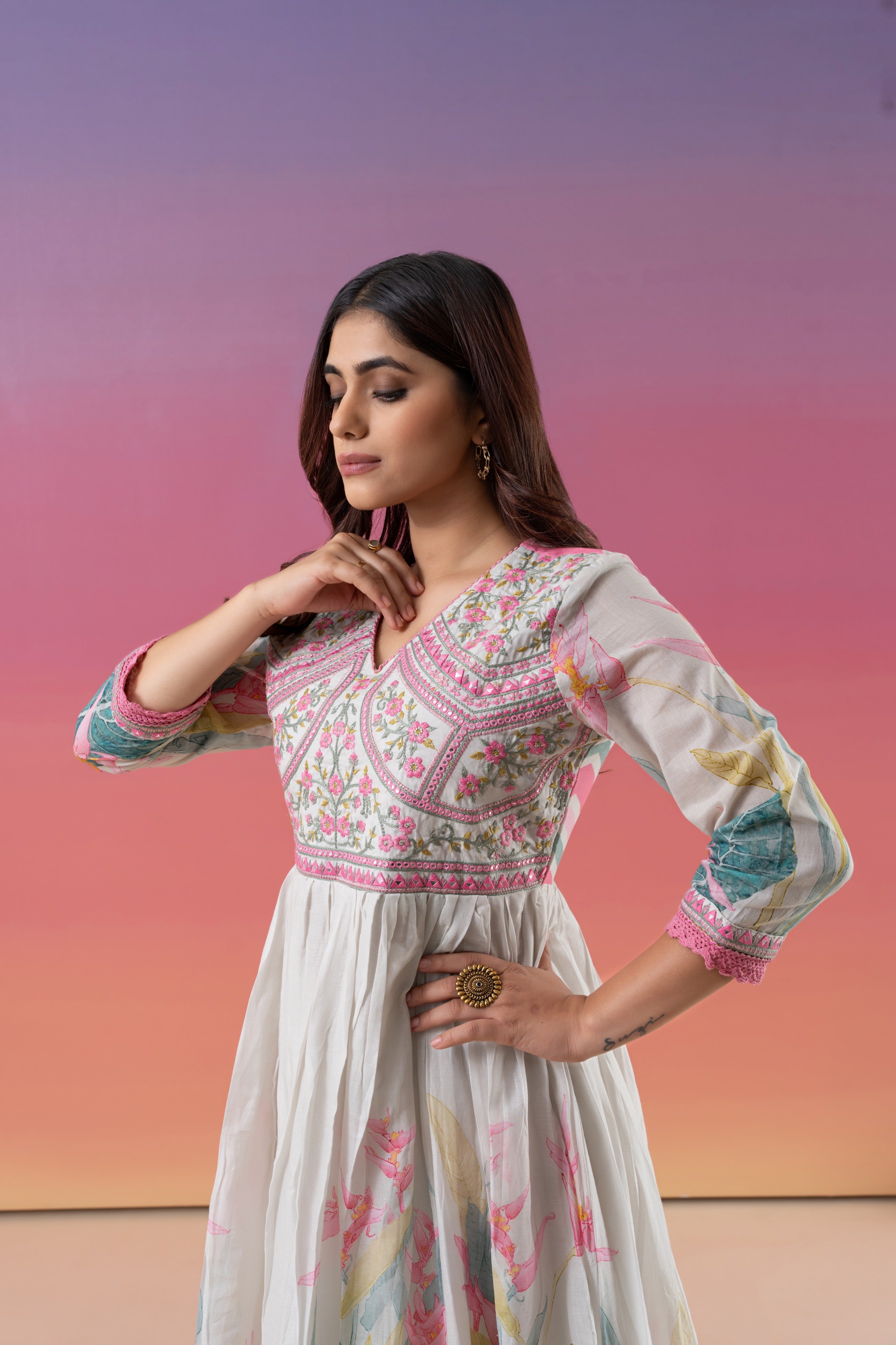 Floral Print With Embroidered And Gathered Anarkali Suit Set