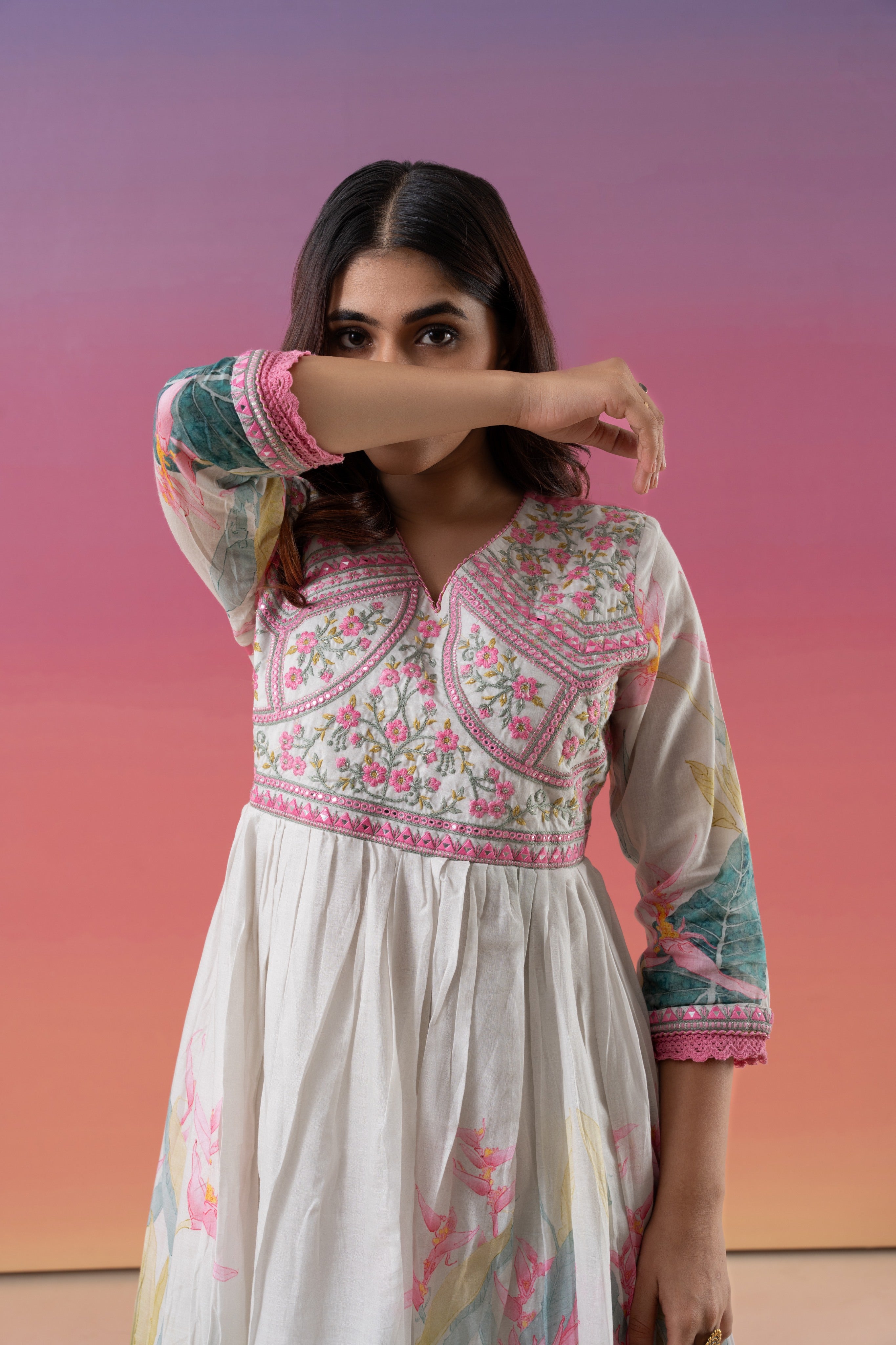 Floral Print With Embroidered And Gathered Anarkali Suit Set