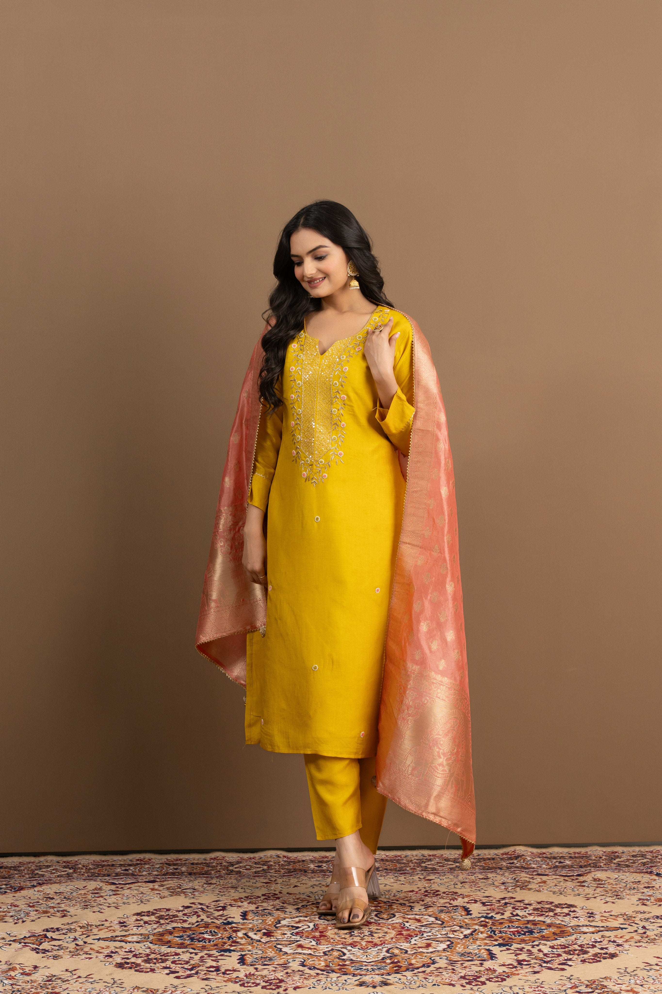 Varamya Yellow Handwork Straight Suit Set