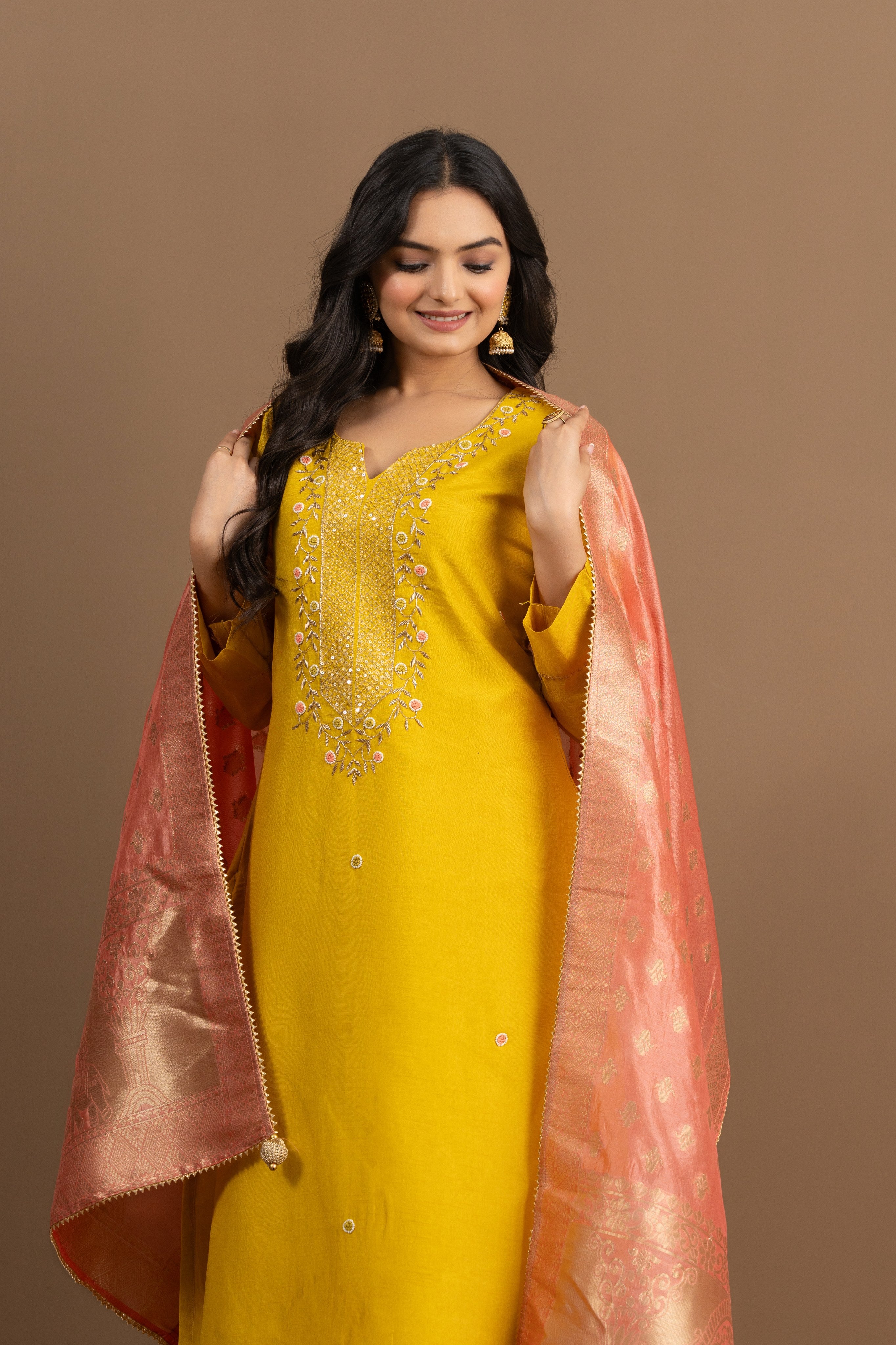 Varamya Yellow Handwork Straight Suit Set