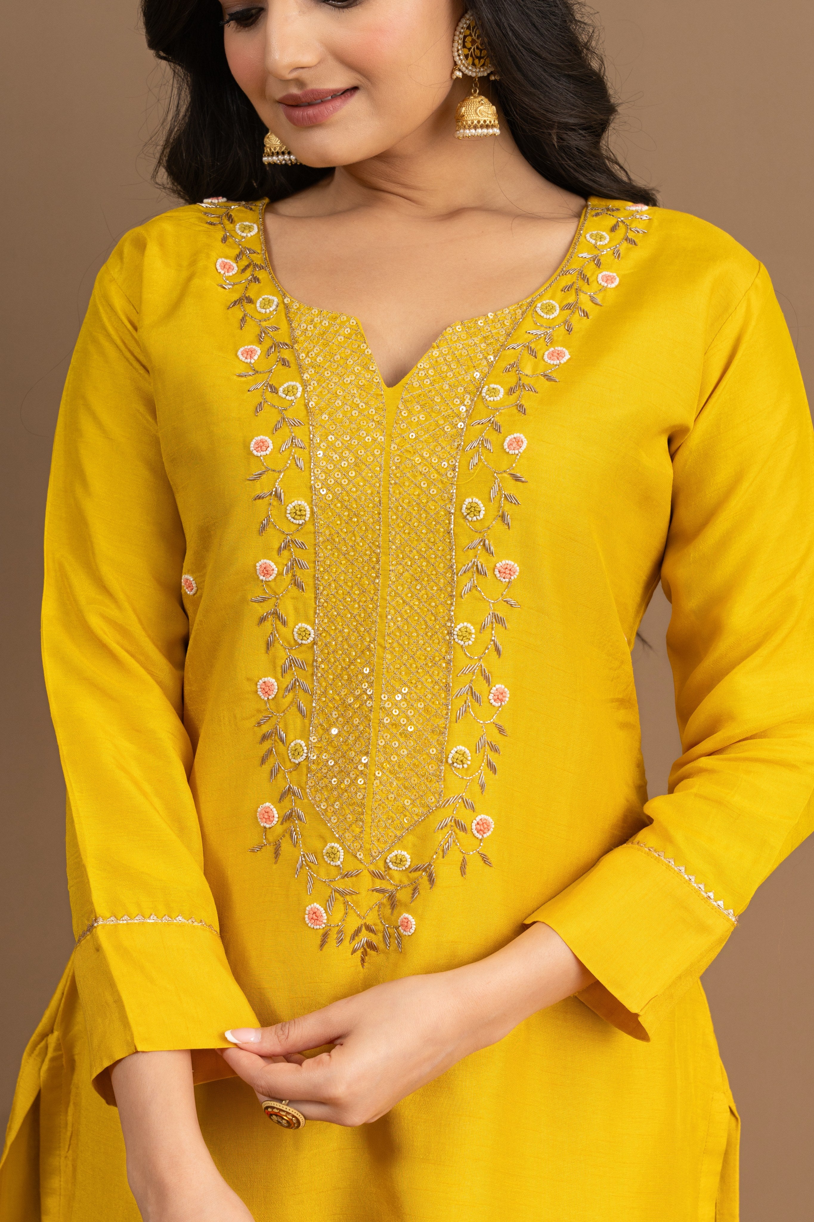 Varamya Yellow Handwork Straight Suit Set