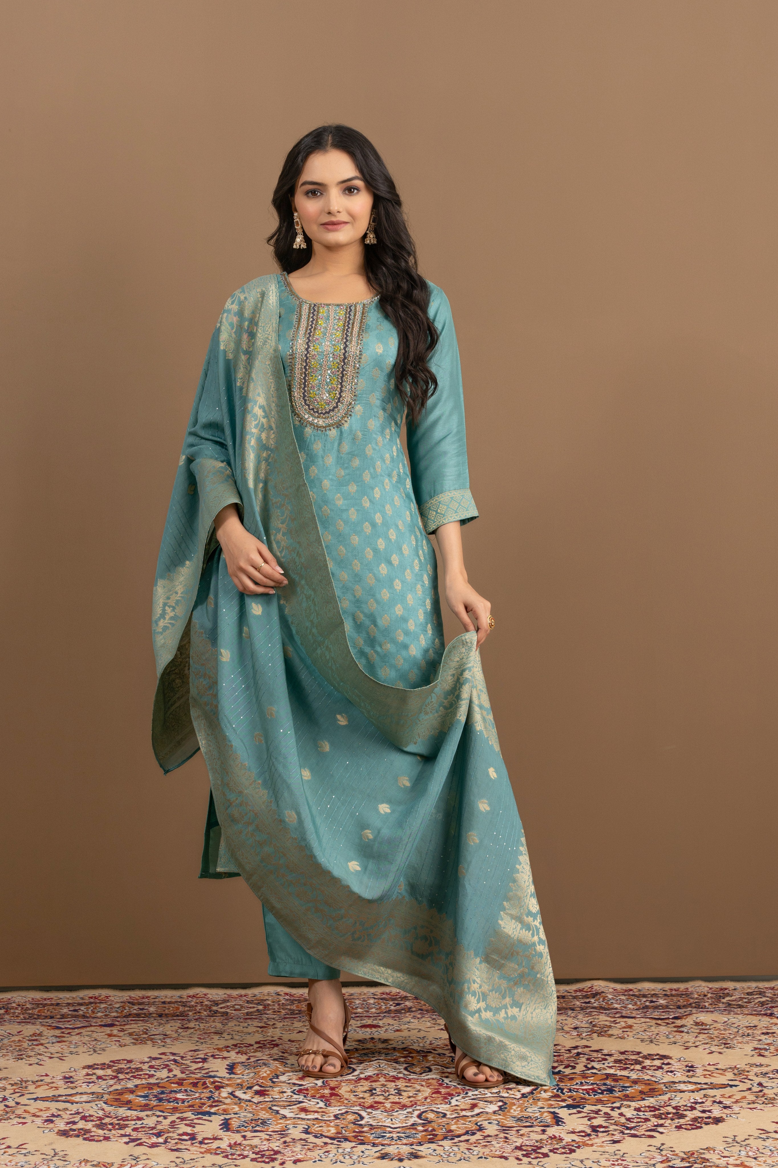 Varamya Blue Handwork Zari Woven Straight Suit
