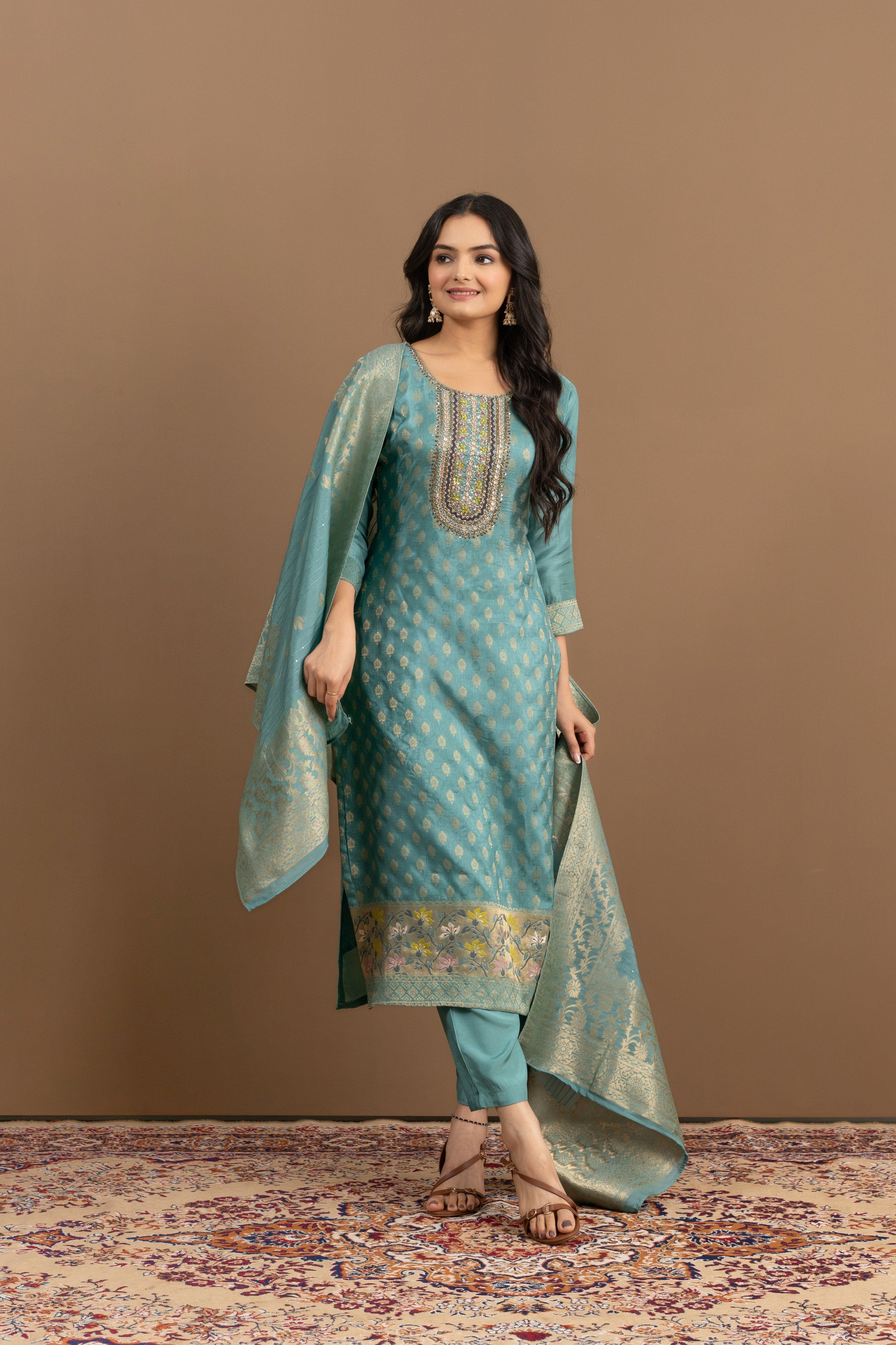 Varamya Blue Handwork Zari Woven Straight Suit