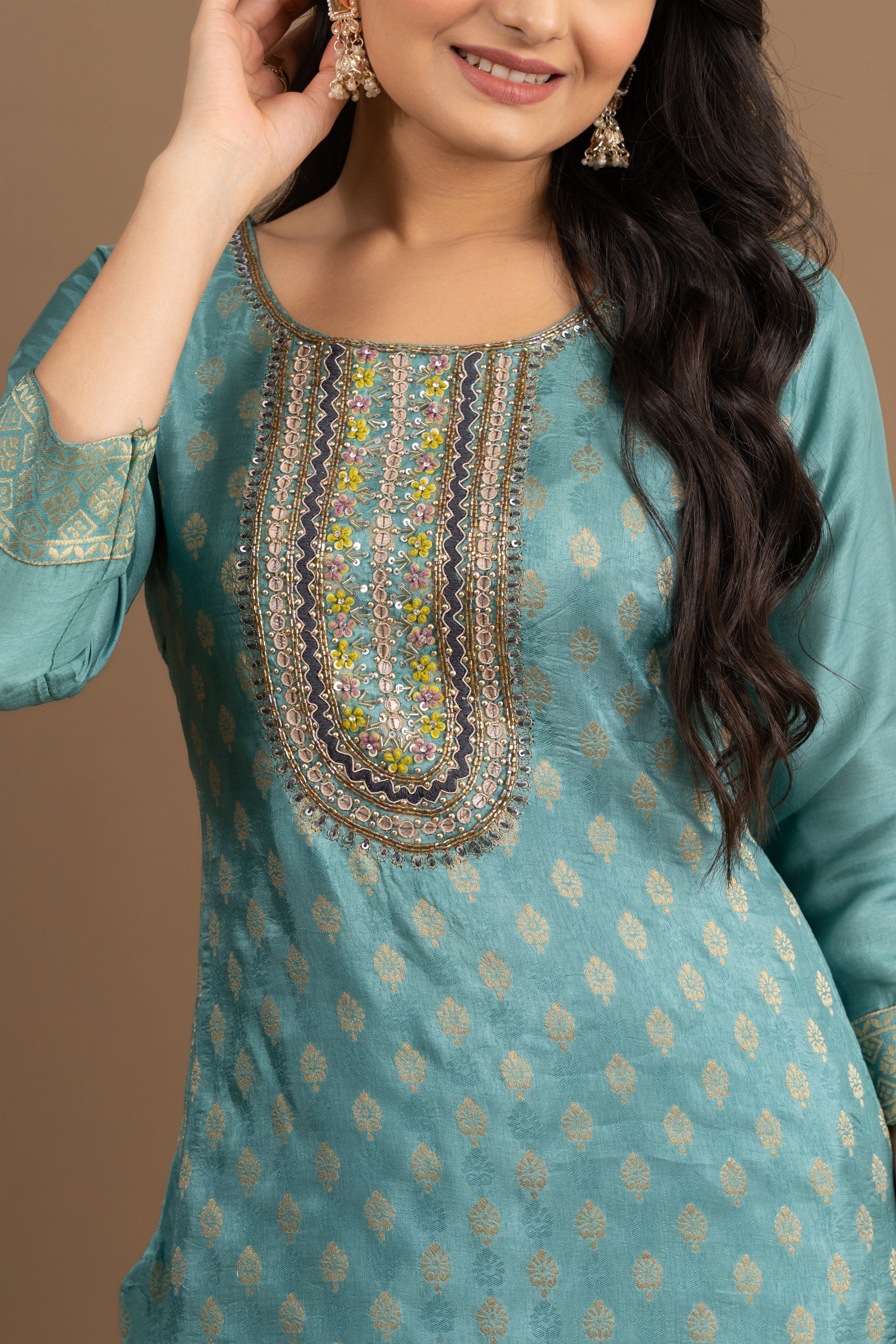 Varamya Blue Handwork Zari Woven Straight Suit