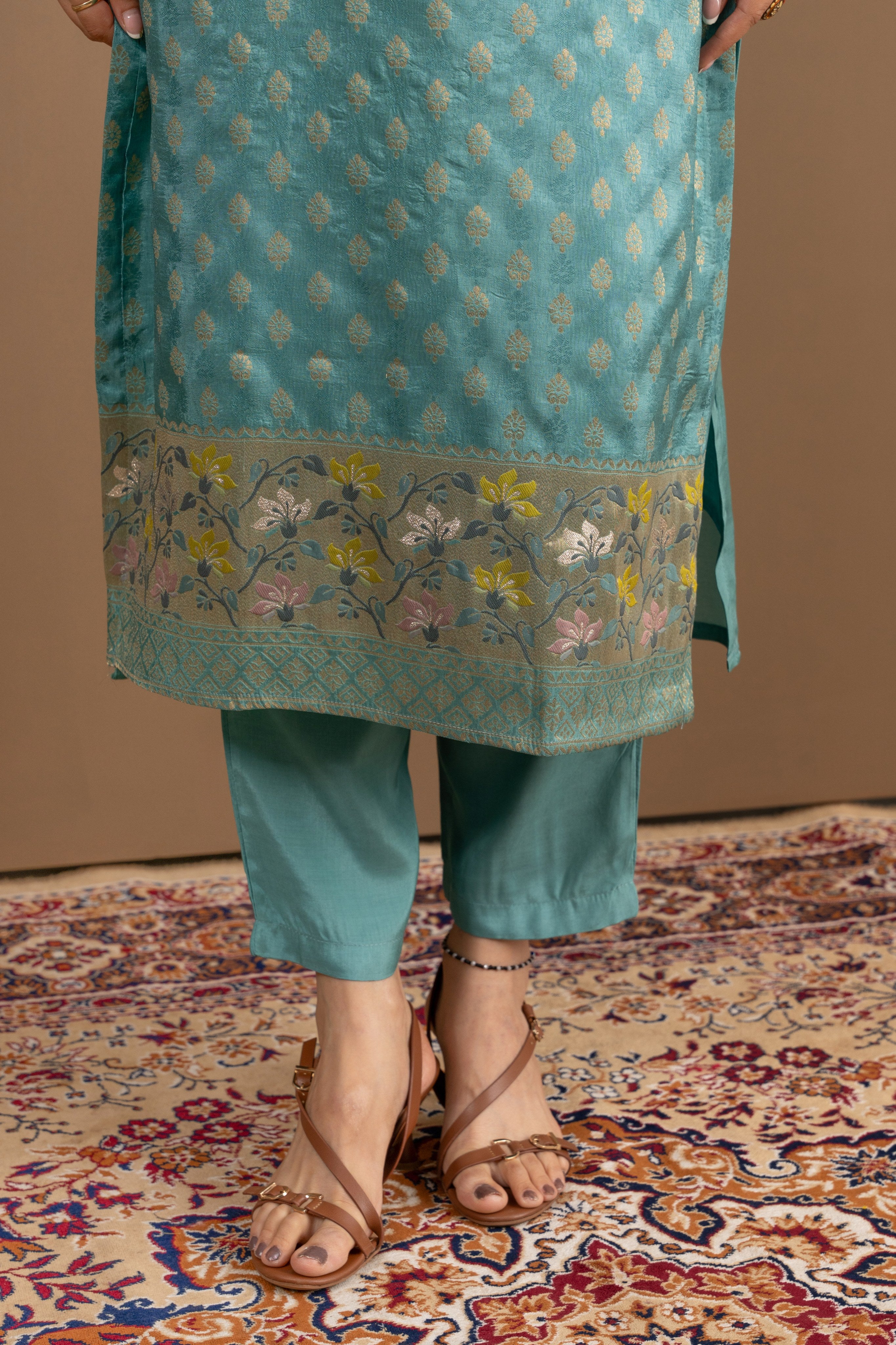 Varamya Blue Handwork Zari Woven Straight Suit