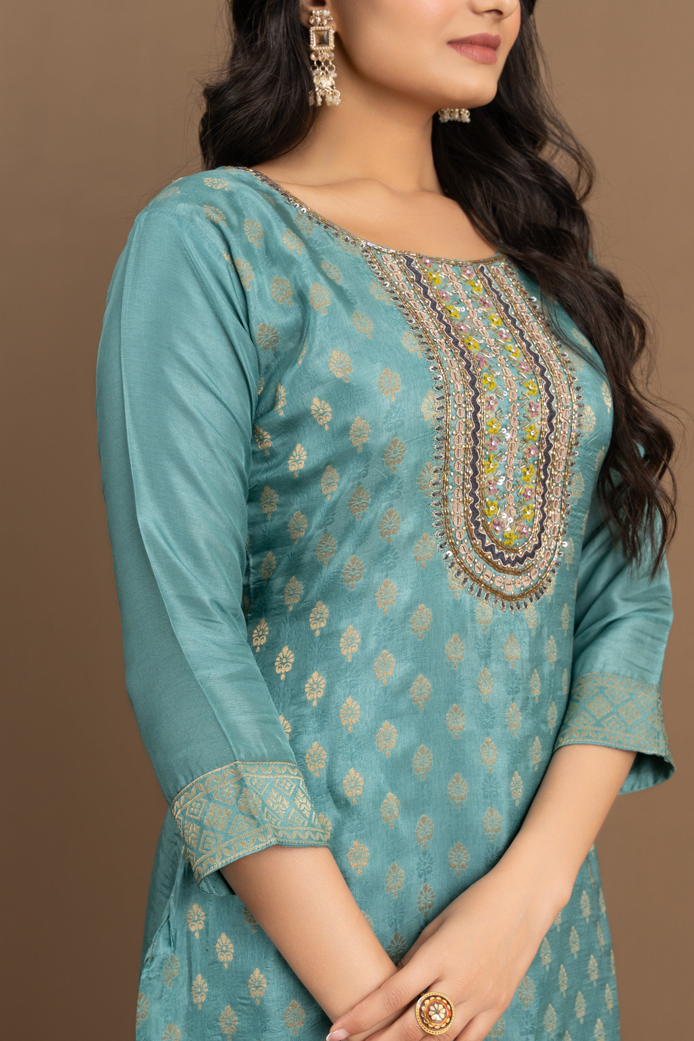 Varamya Blue Handwork Zari Woven Straight Suit