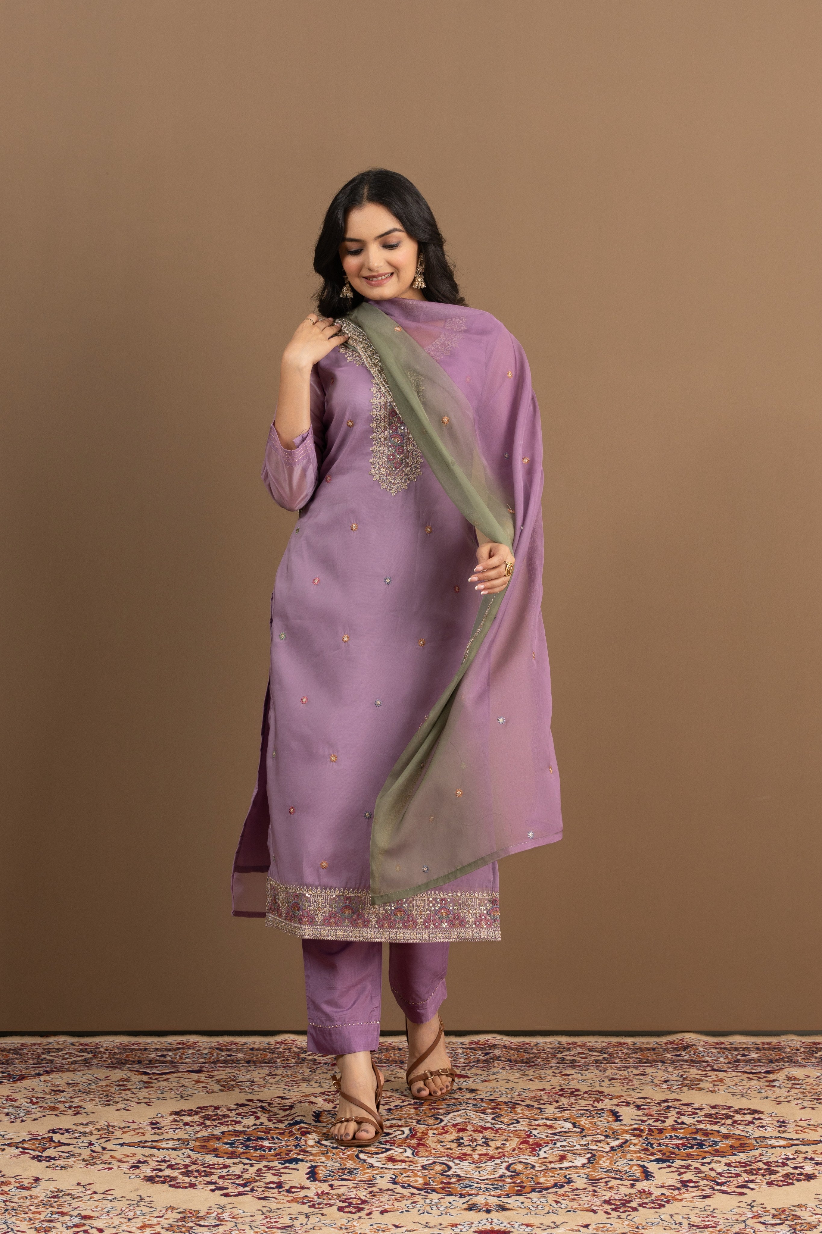 Varamya Lavender Organza Straight Suit
