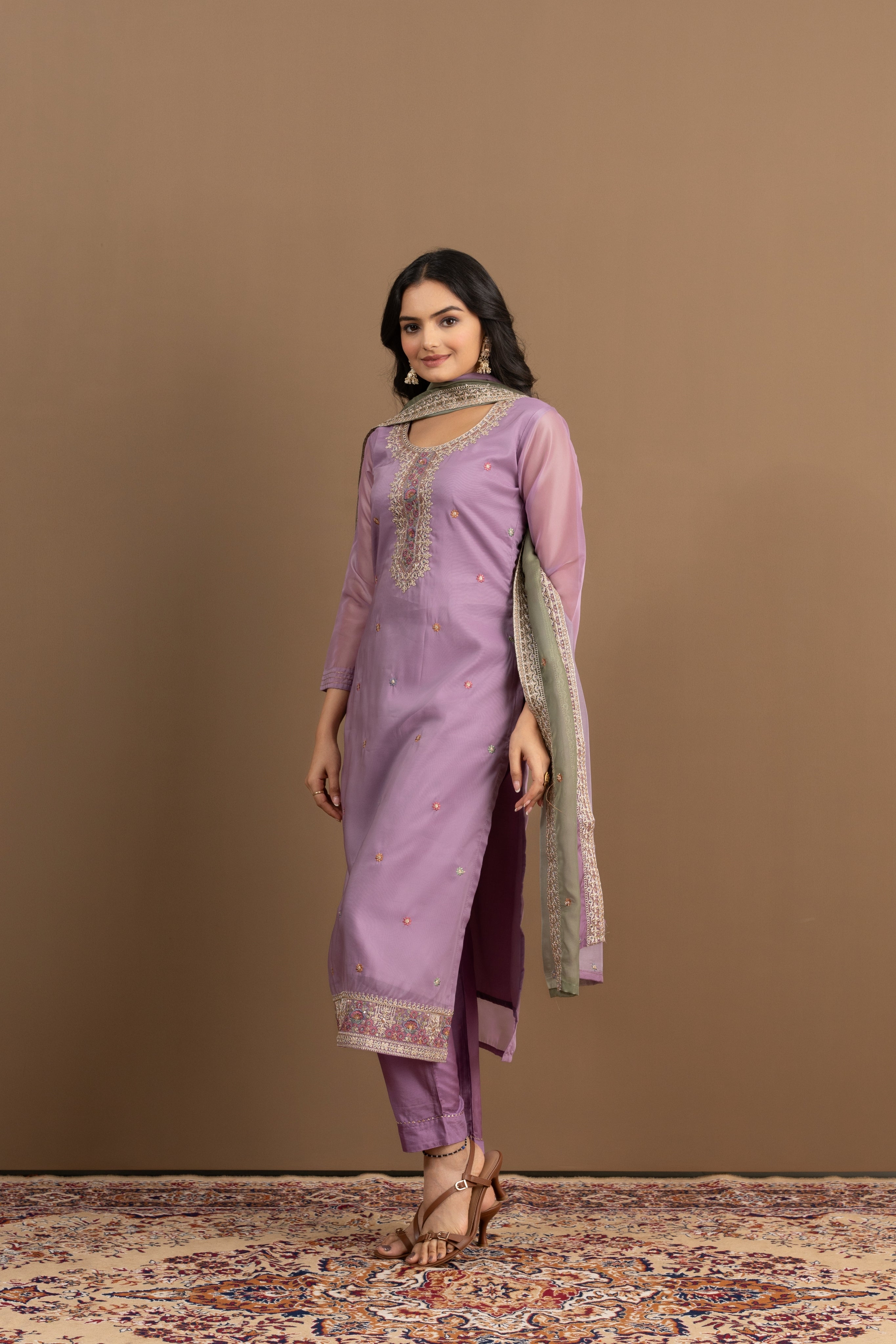 Varamya Lavender Organza Straight Suit