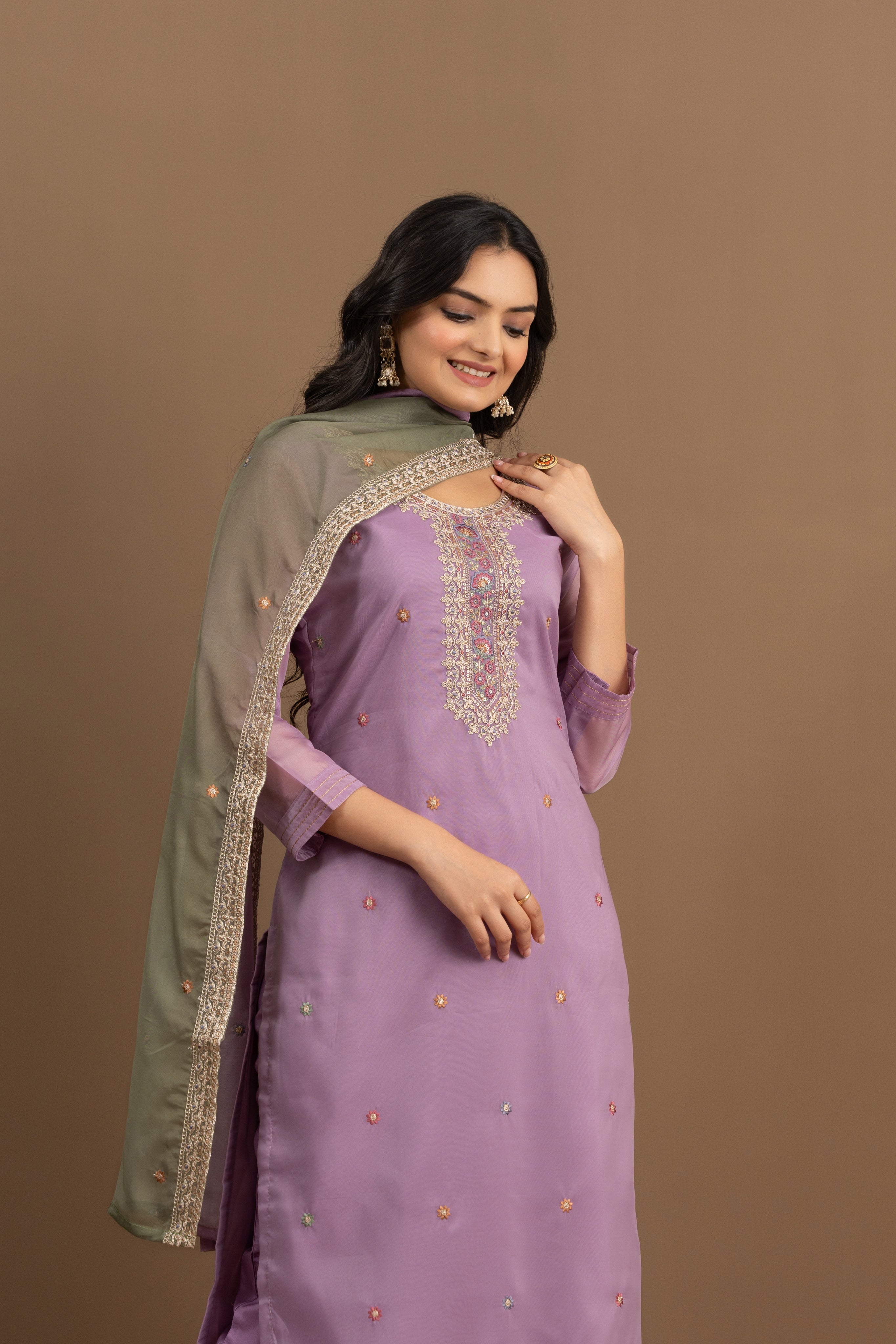 Varamya Lavender Organza Straight Suit
