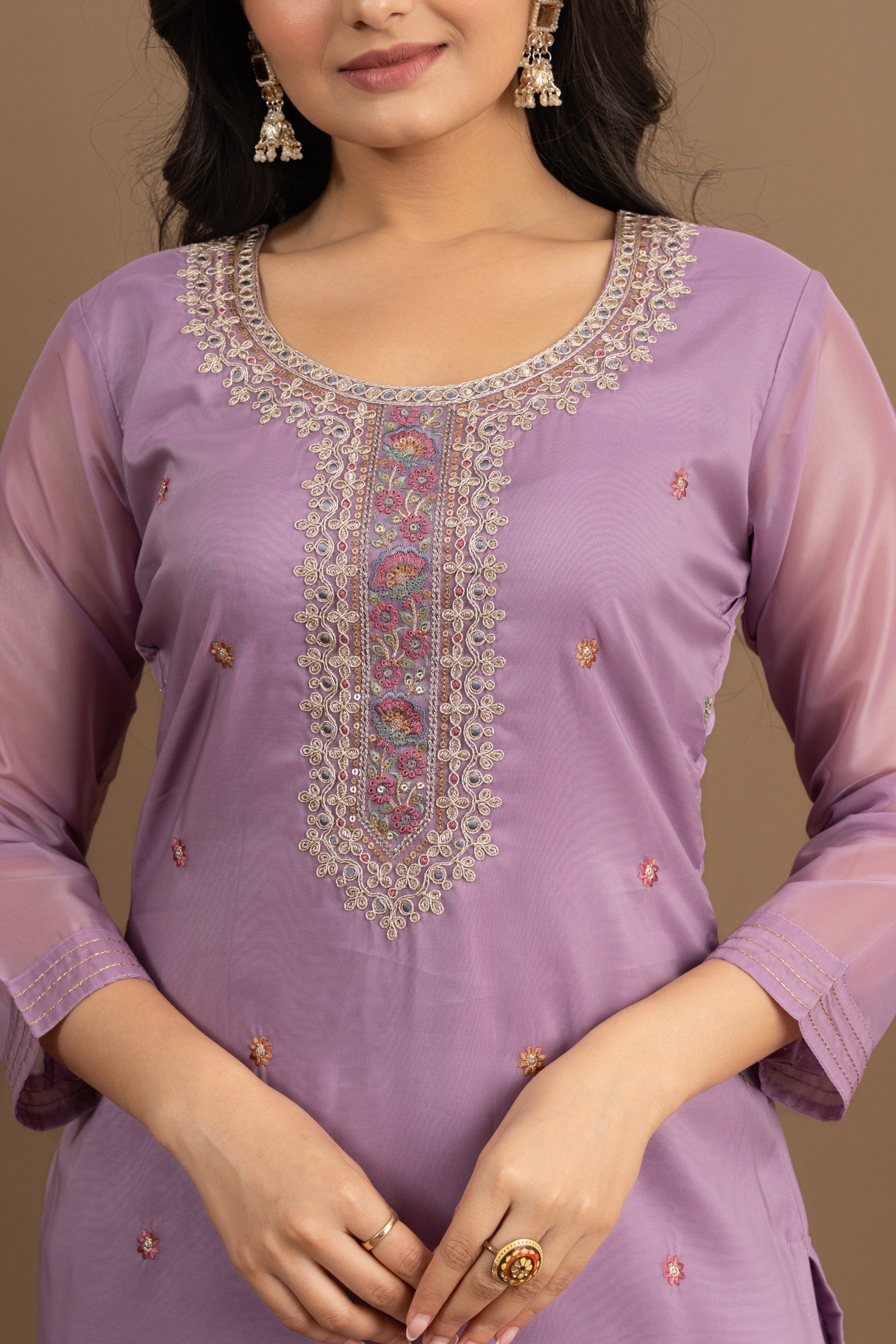 Varamya Lavender Organza Straight Suit