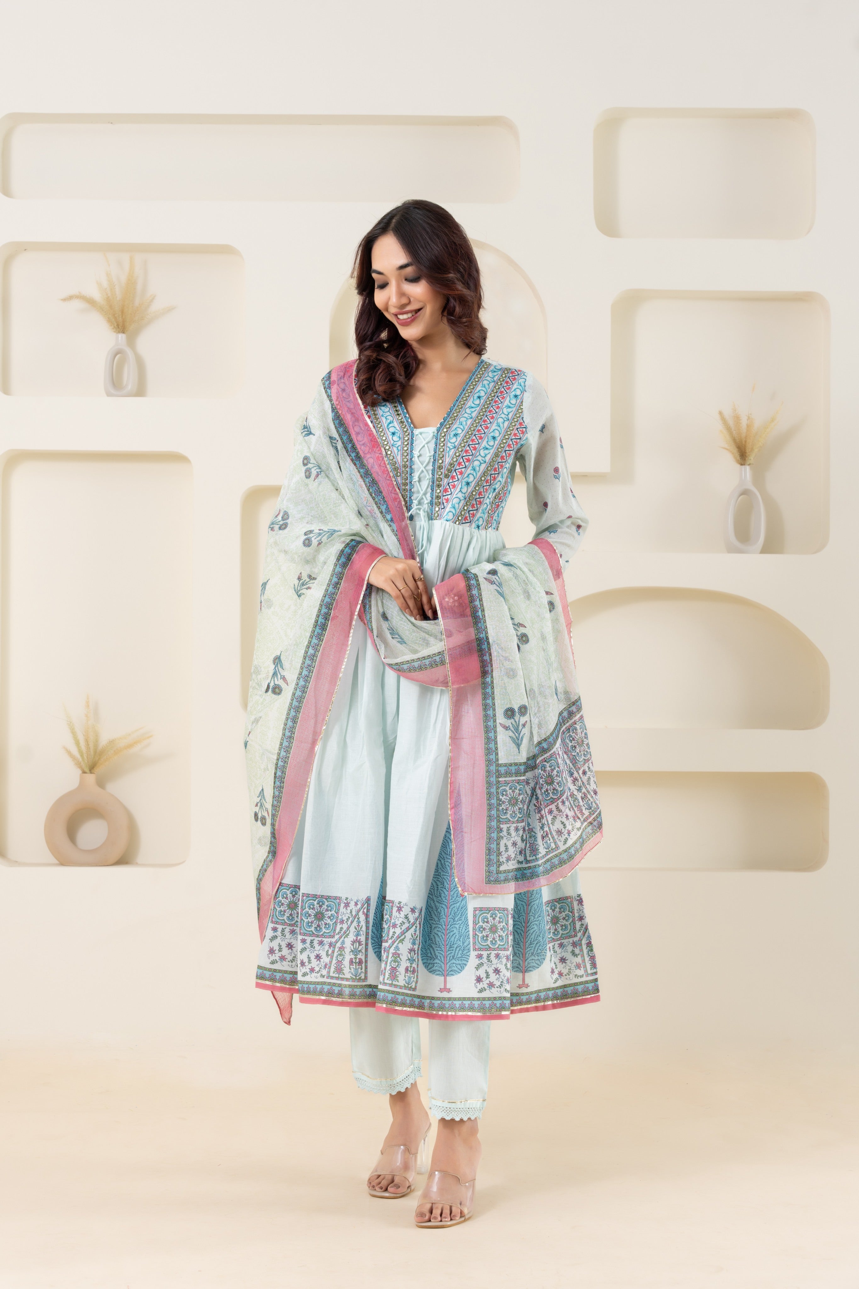 Blue Digital Printed, Embroidered And Gathered Anarkali Suit Set