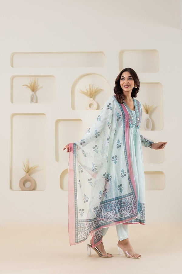Blue Digital Printed, Embroidered And Gathered Anarkali Suit Set
