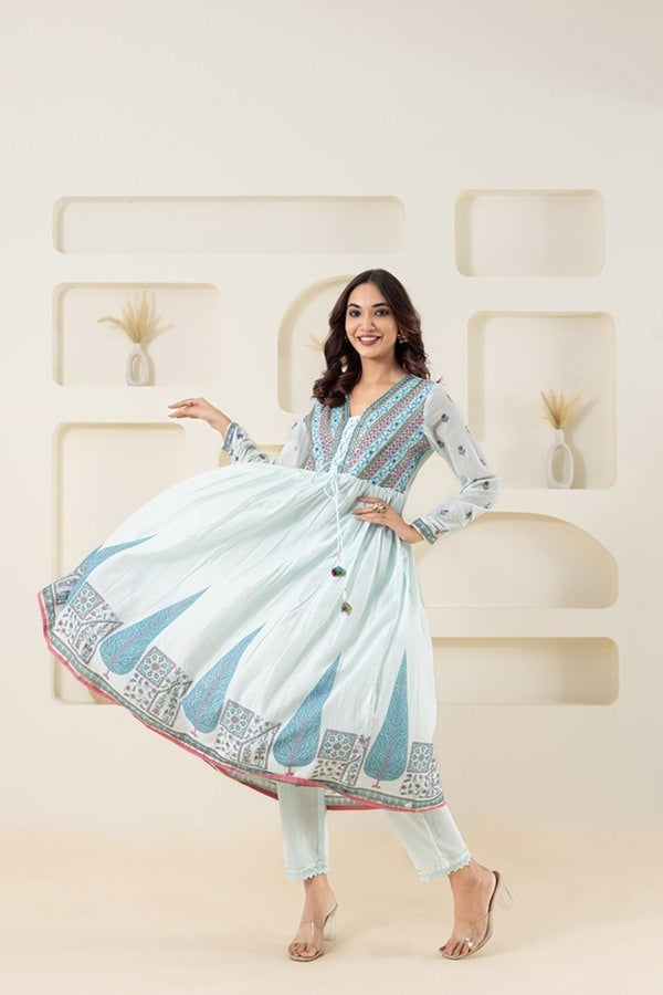 Blue Digital Printed, Embroidered And Gathered Anarkali Suit Set