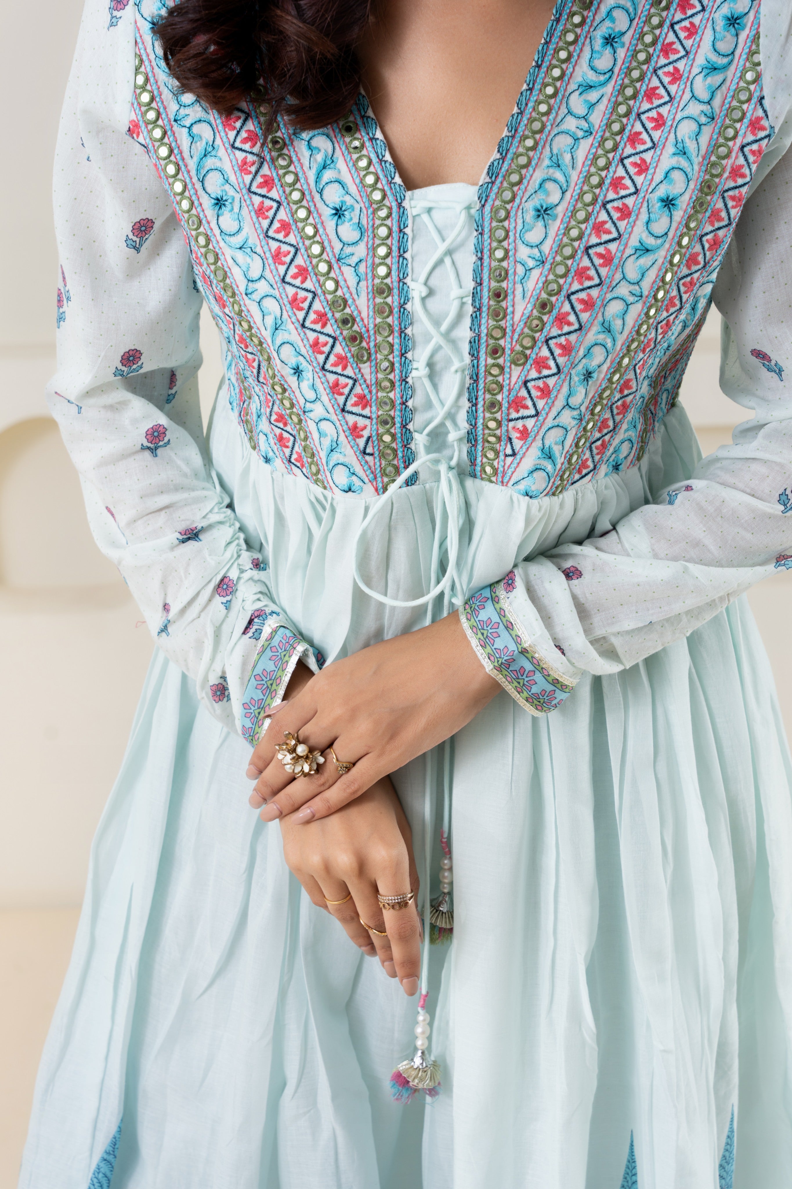 Blue Digital Printed, Embroidered And Gathered Anarkali Suit Set