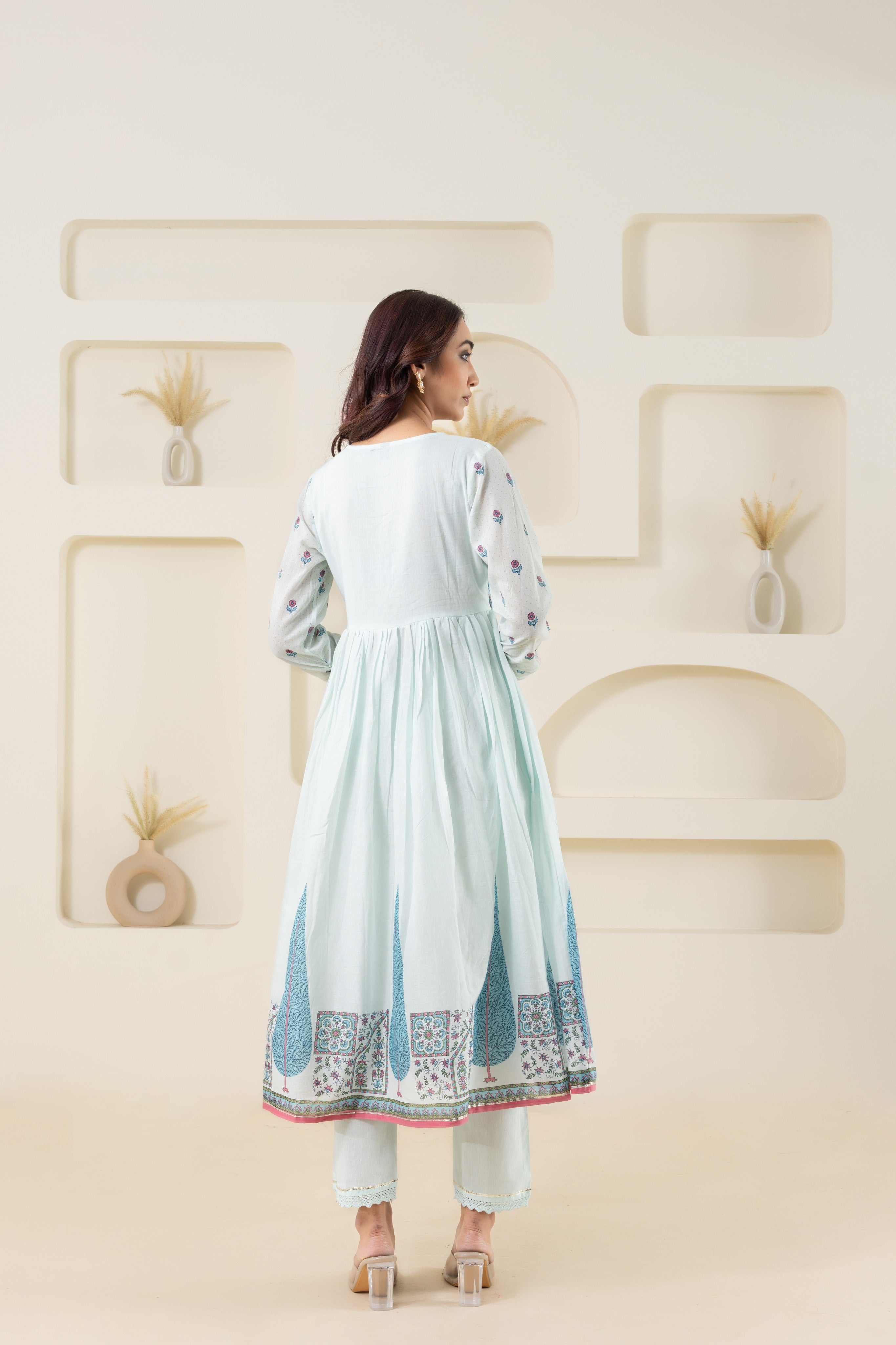 Blue Digital Printed, Embroidered And Gathered Anarkali Suit Set
