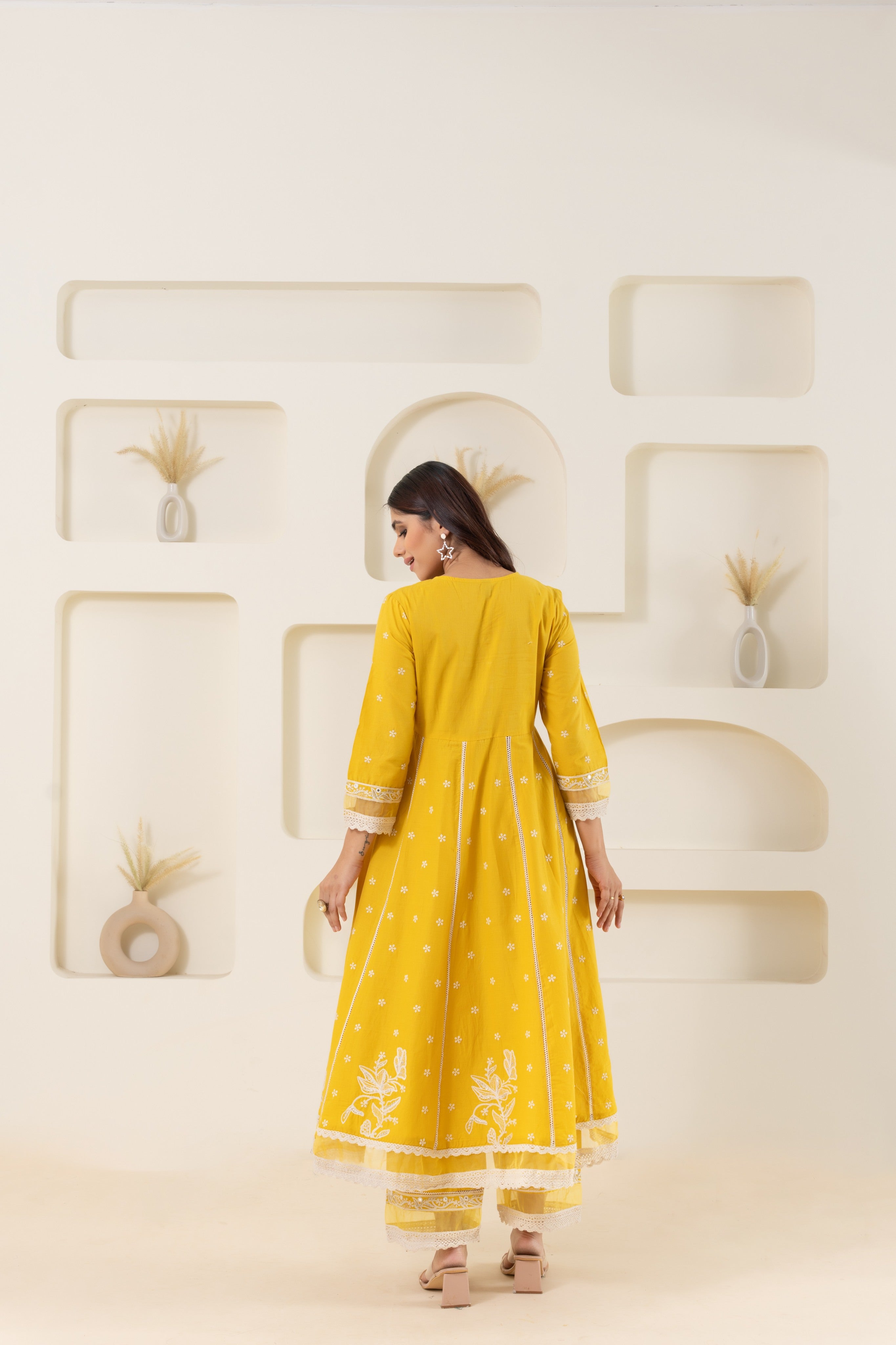 Thread Work Yellow Anarkali Suit Set