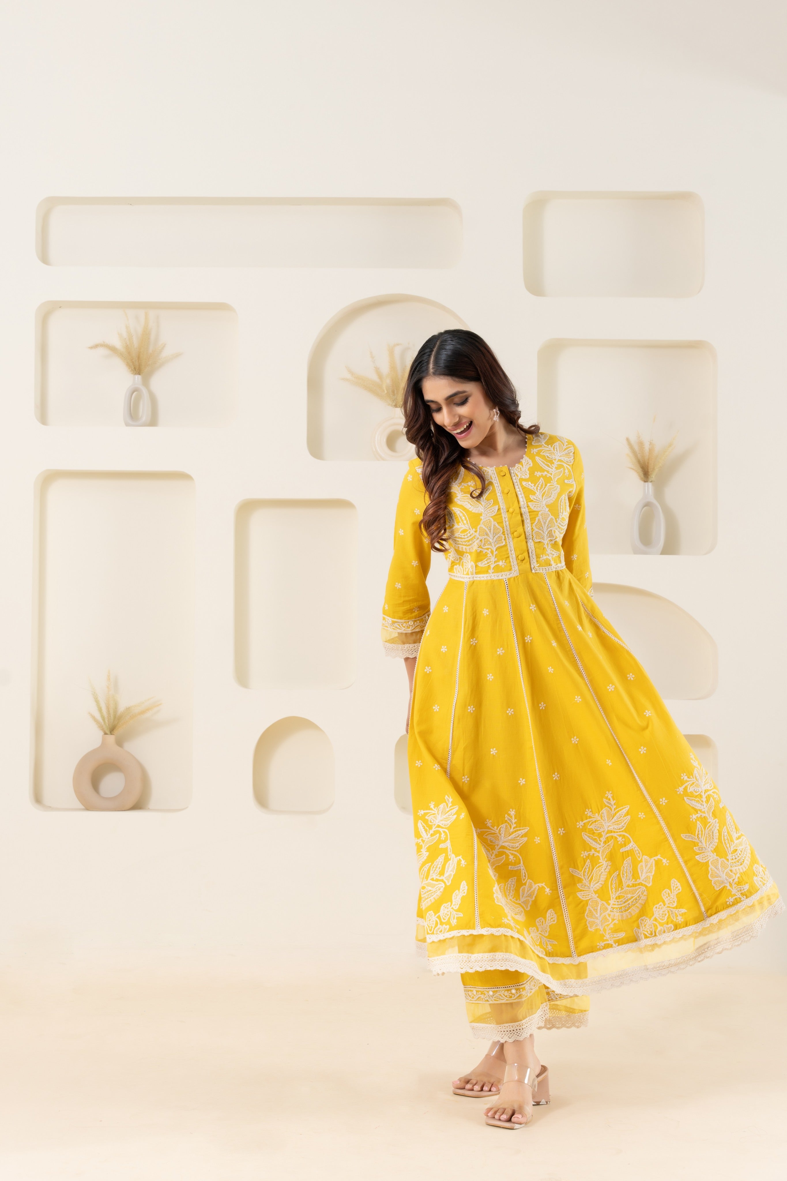 Thread Work Yellow Anarkali Suit Set