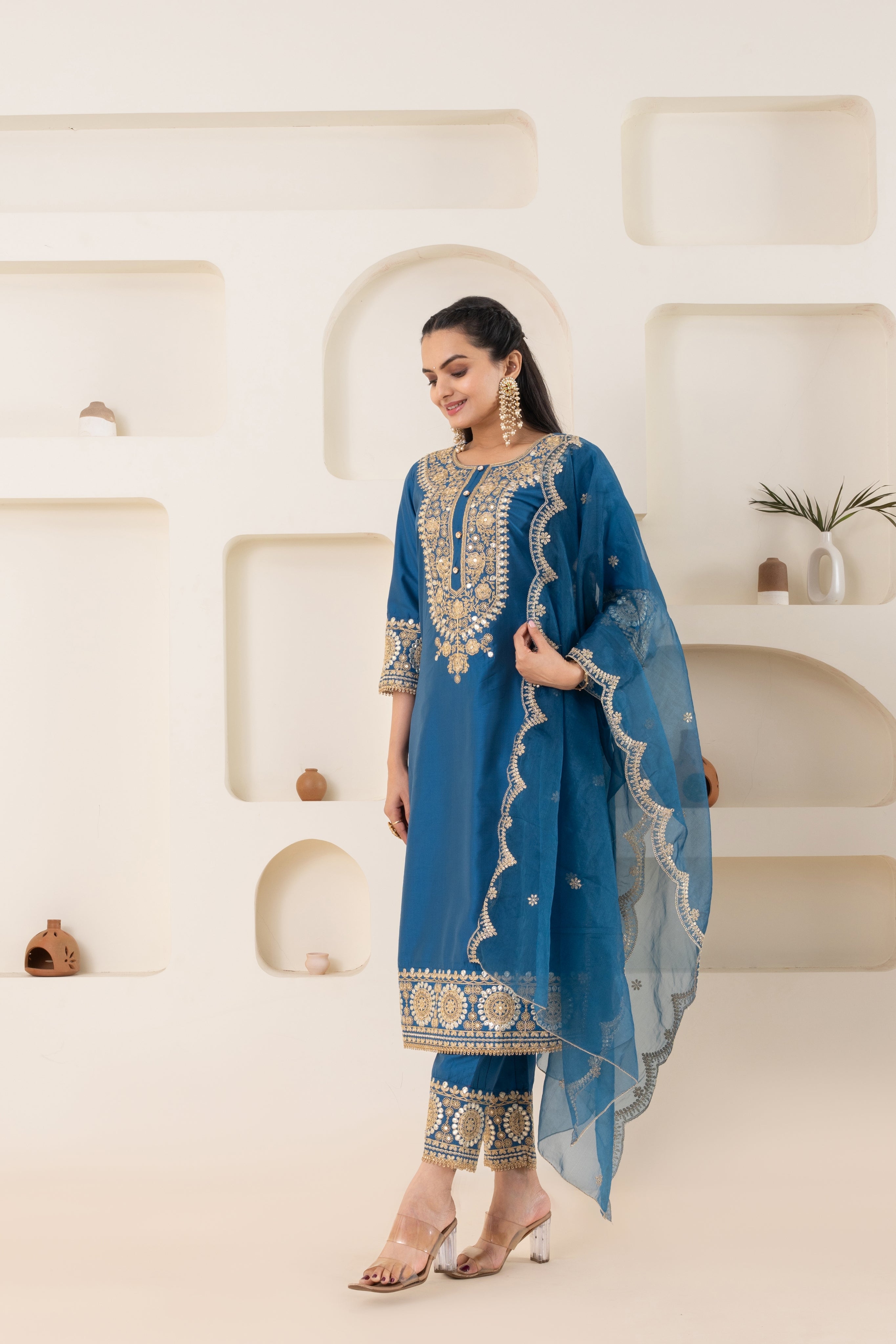 VARAMYA Blue Silk Straight Suit