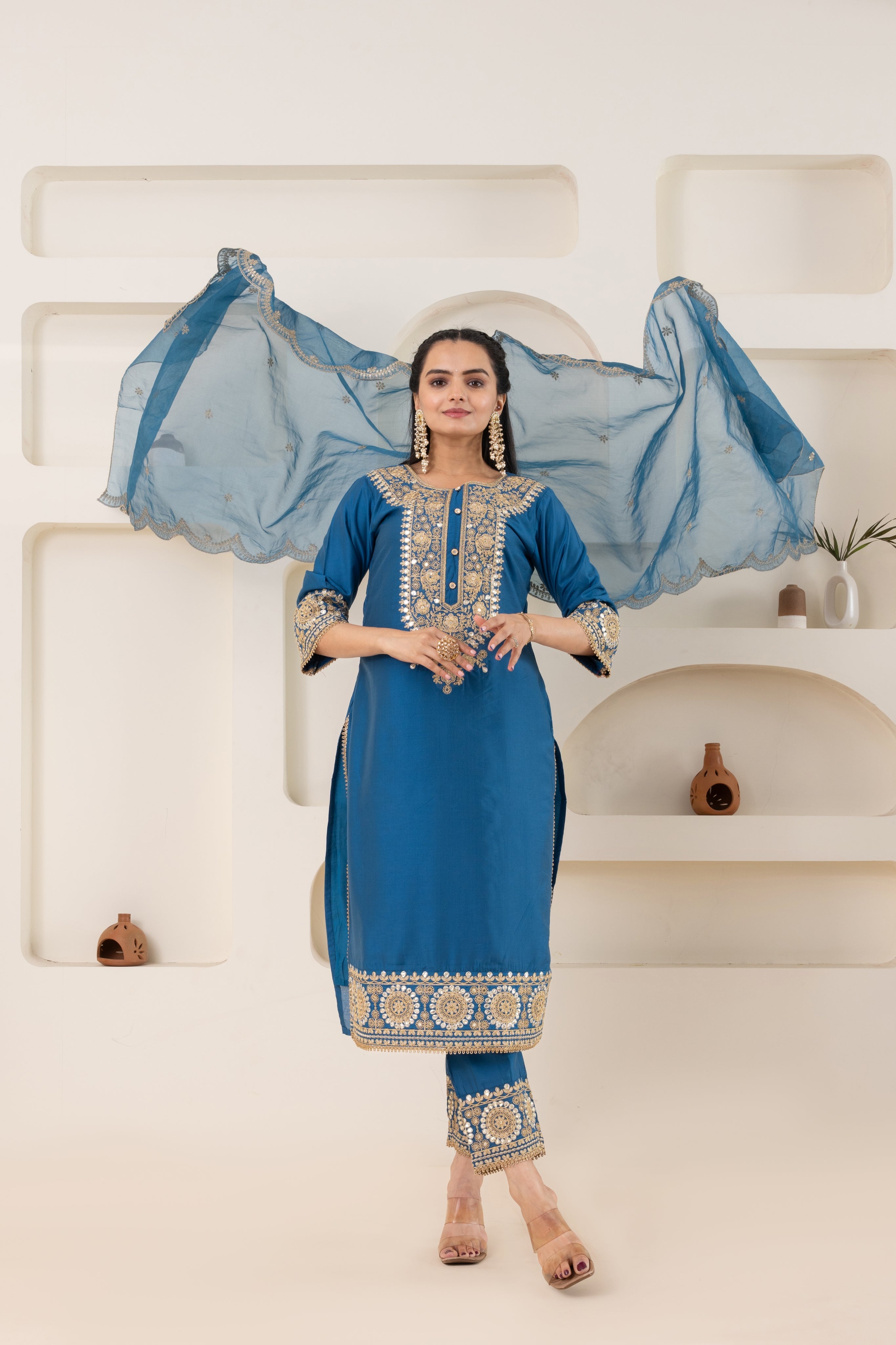 VARAMYA Blue Silk Straight Suit