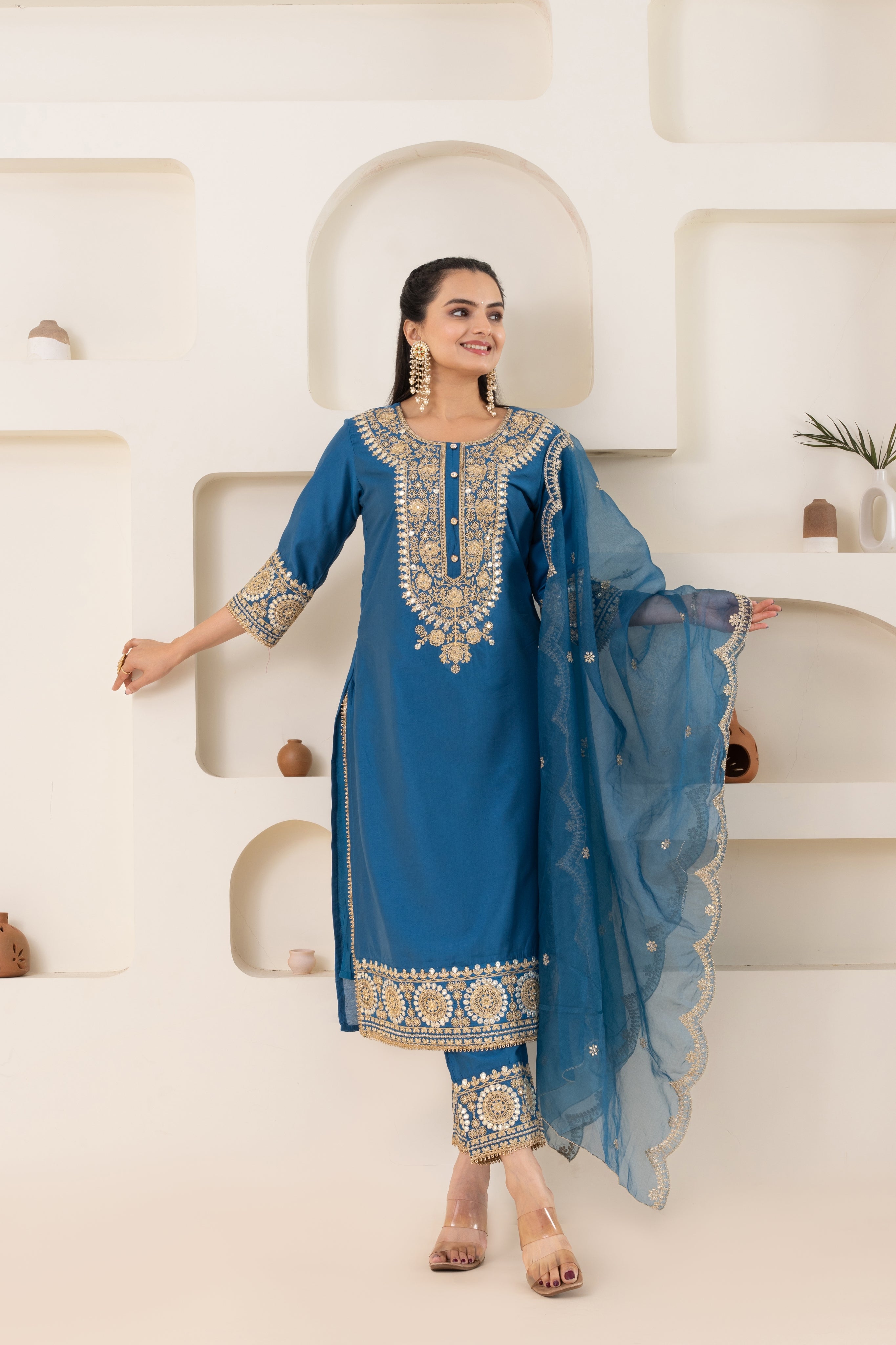 VARAMYA Blue Silk Straight Suit