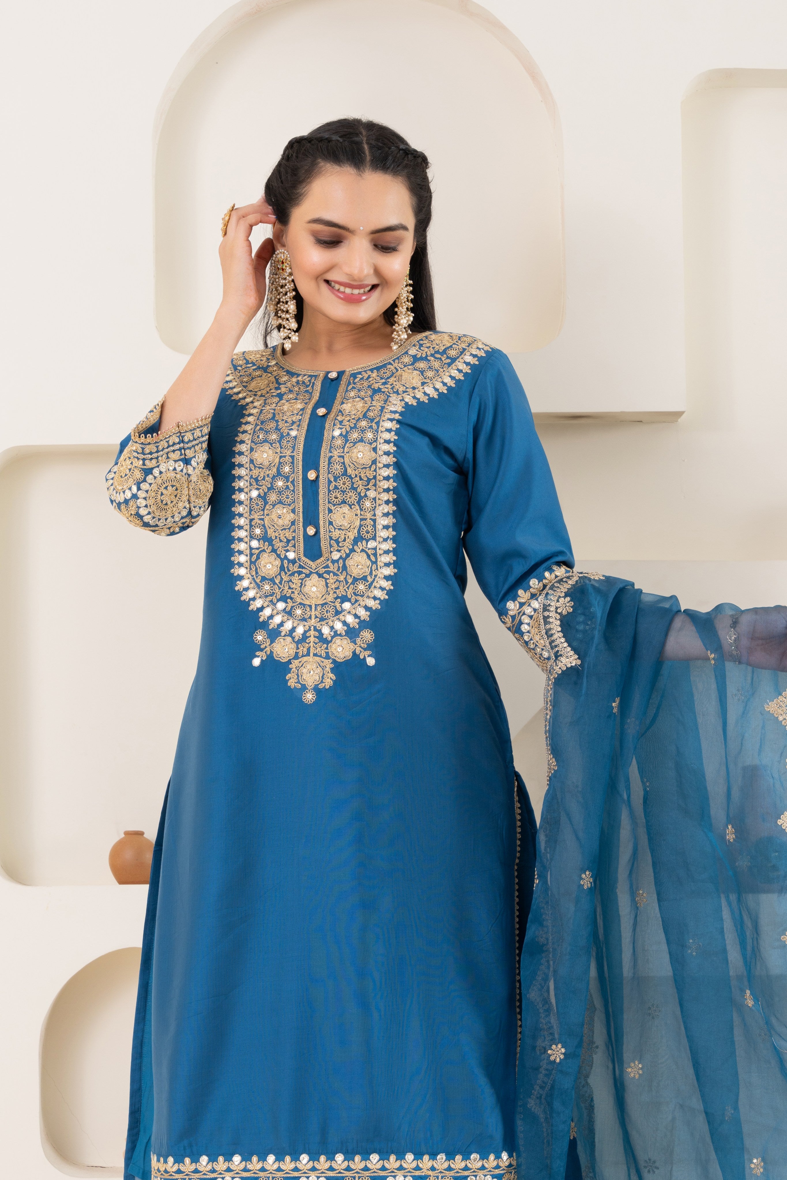 VARAMYA Blue Silk Straight Suit