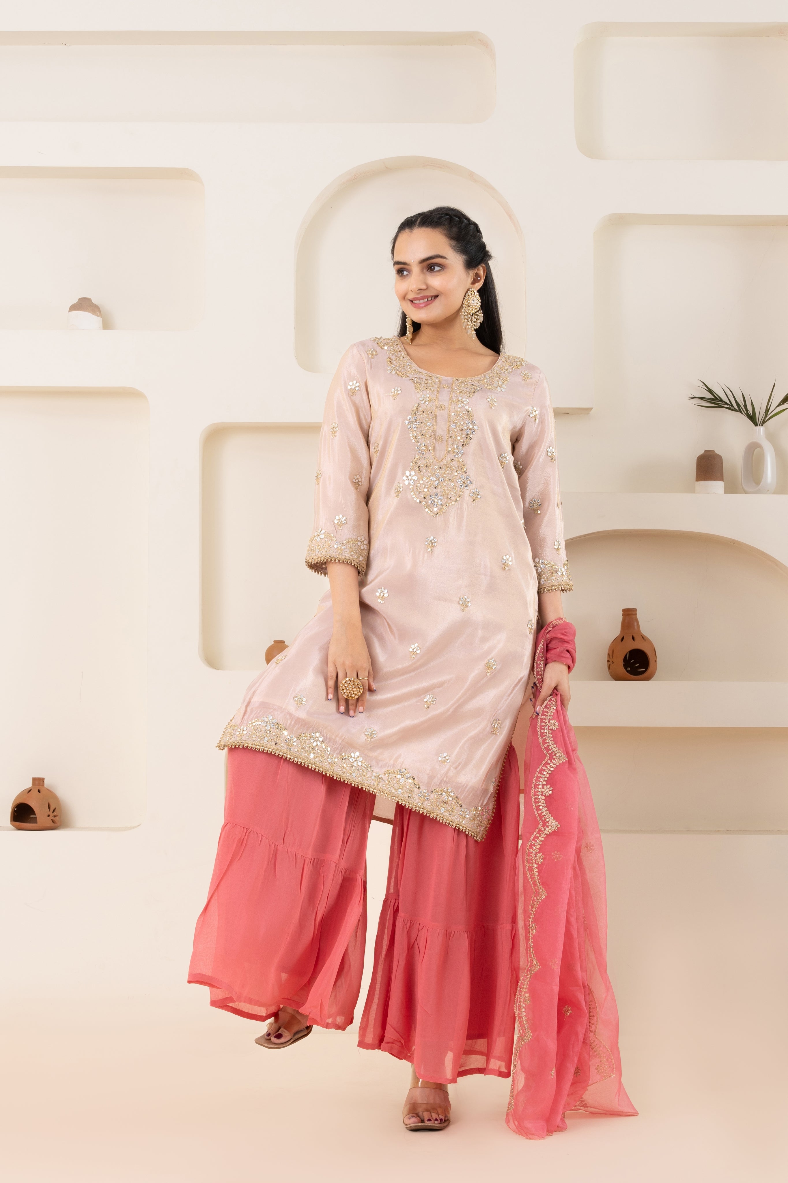 VARAMYA Peach Shimmer Sharara Set