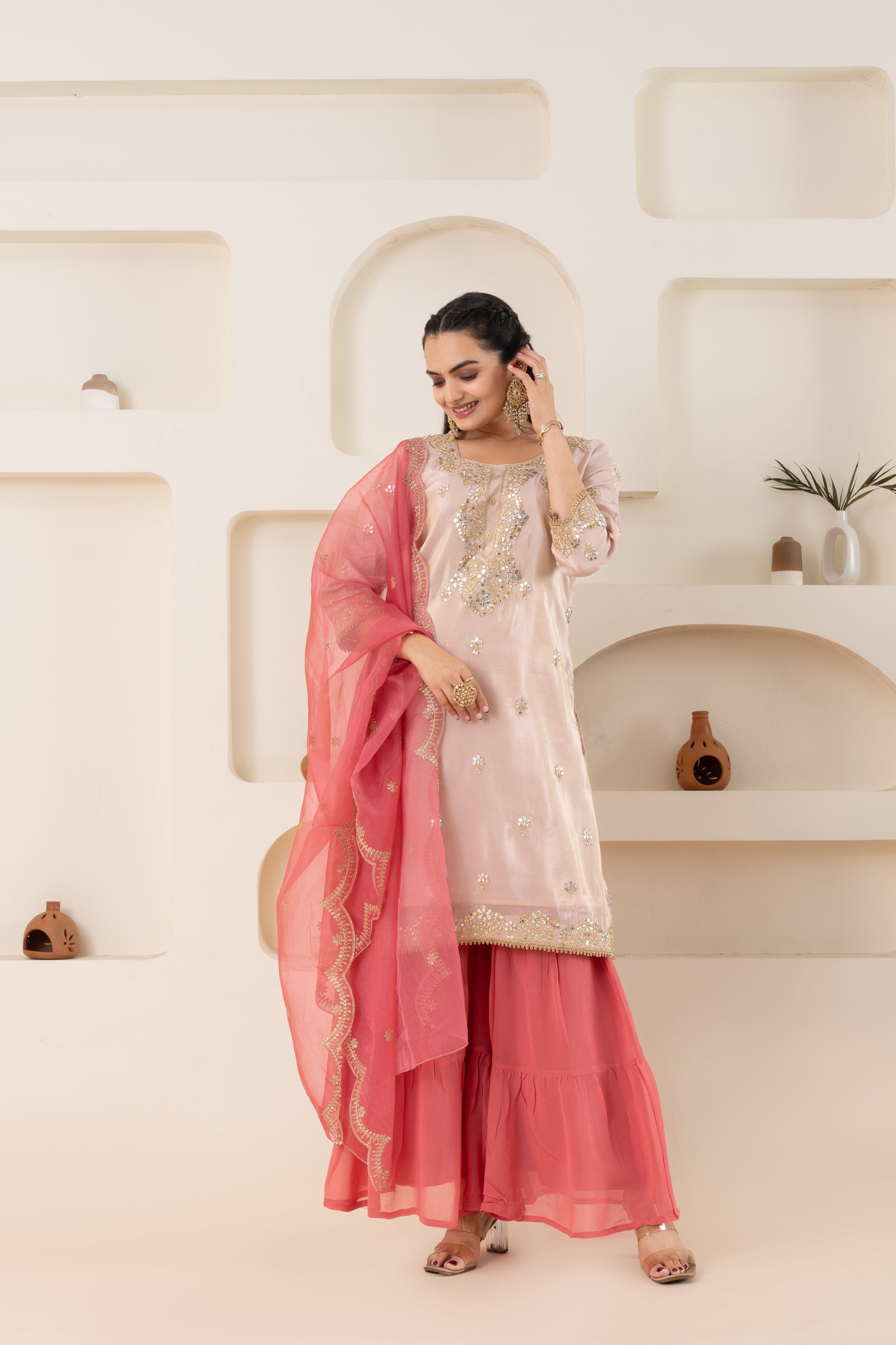 VARAMYA Peach Shimmer Sharara Set