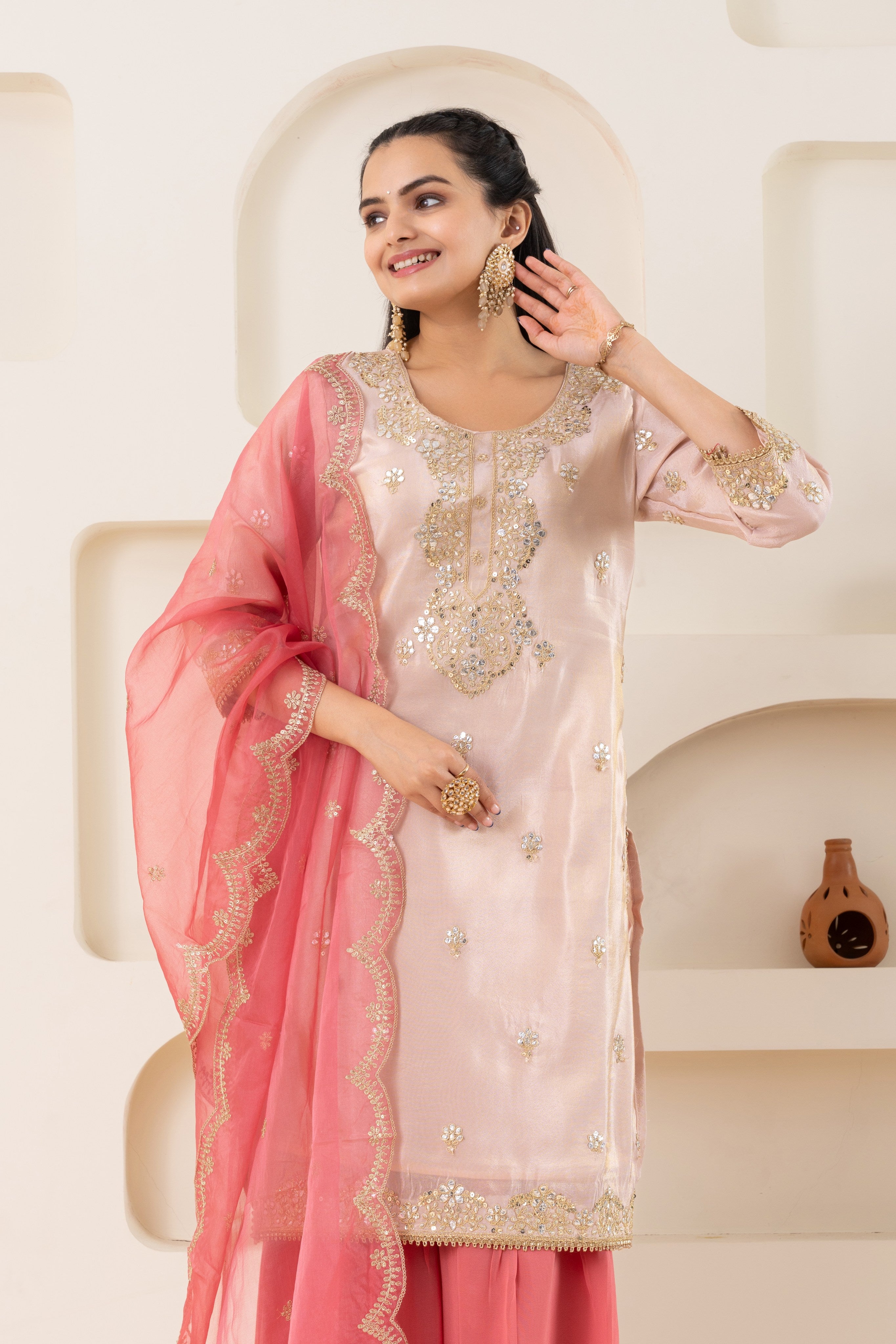 VARAMYA Peach Shimmer Sharara Set