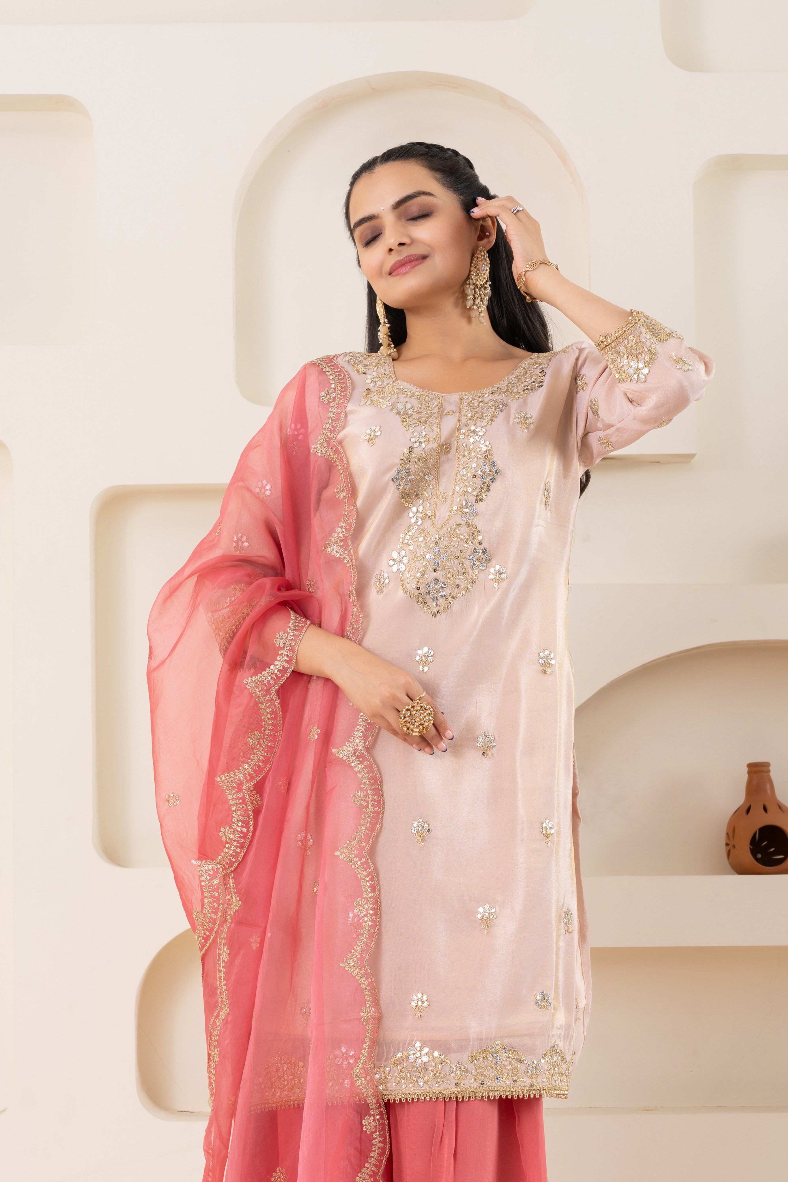 VARAMYA Peach Shimmer Sharara Set