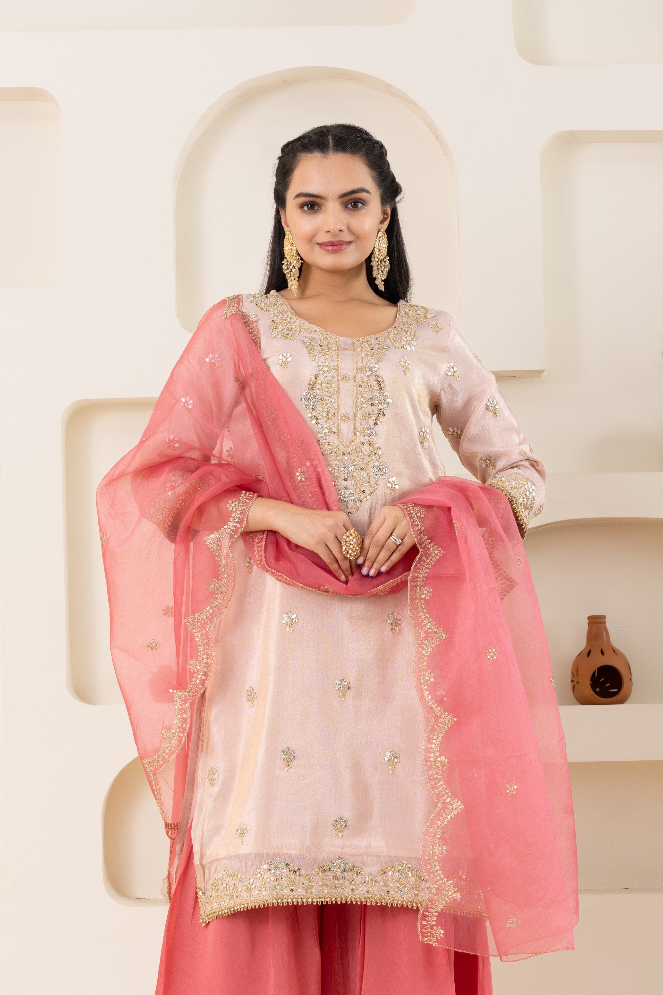 VARAMYA Peach Shimmer Sharara Set