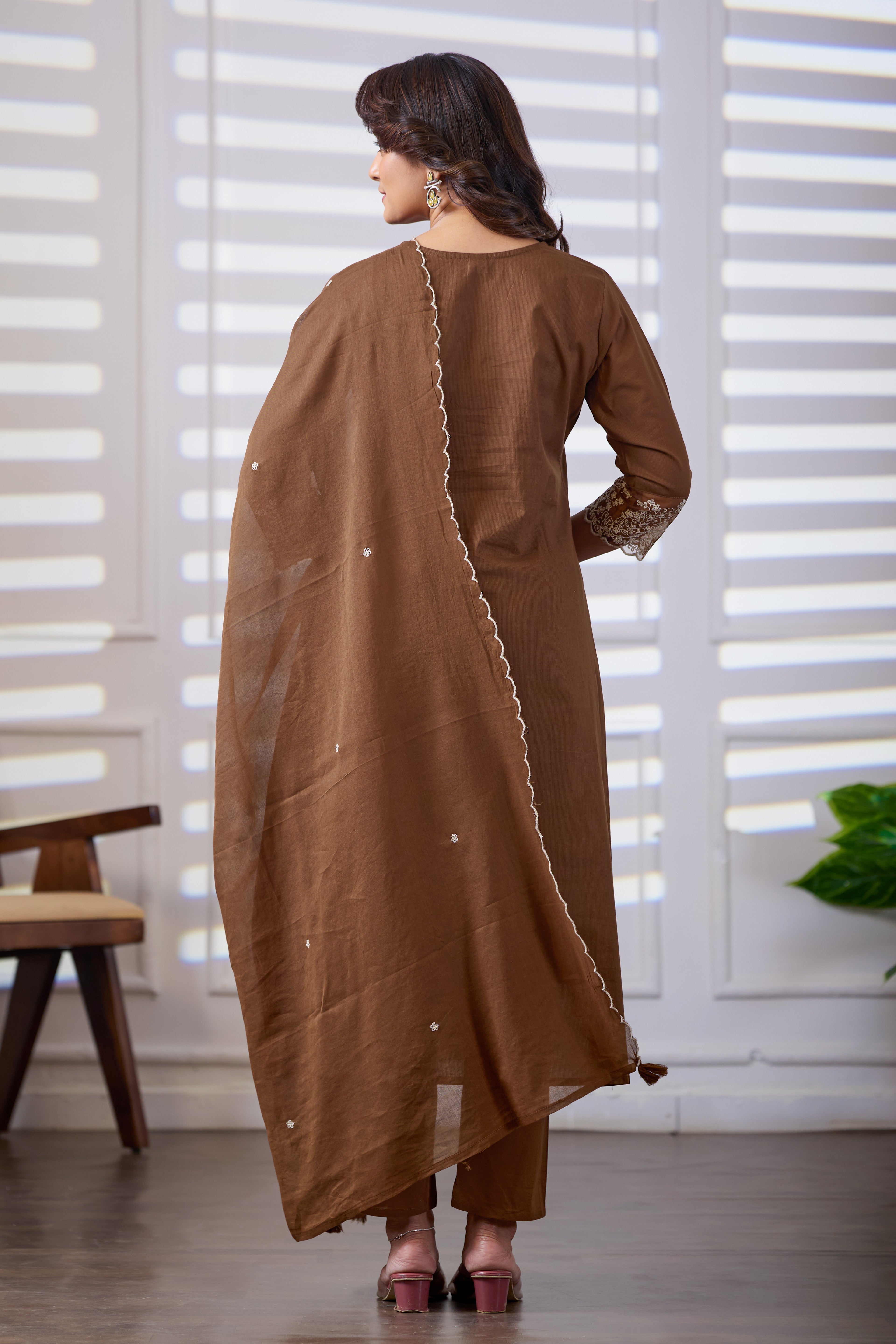 VARAMYA Brown A-line Cotton Suit