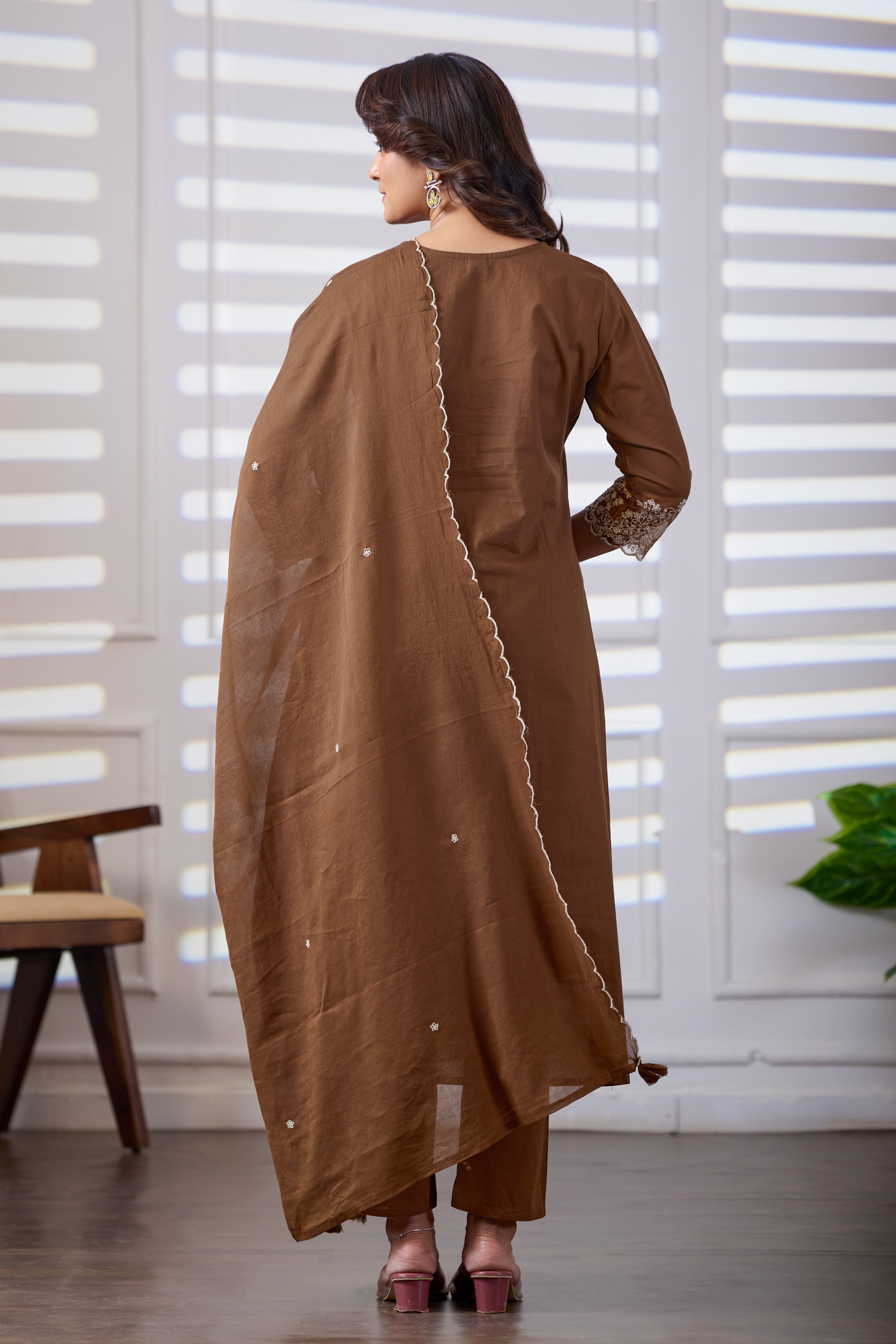 VARAMYA Brown A-line Cotton Suit