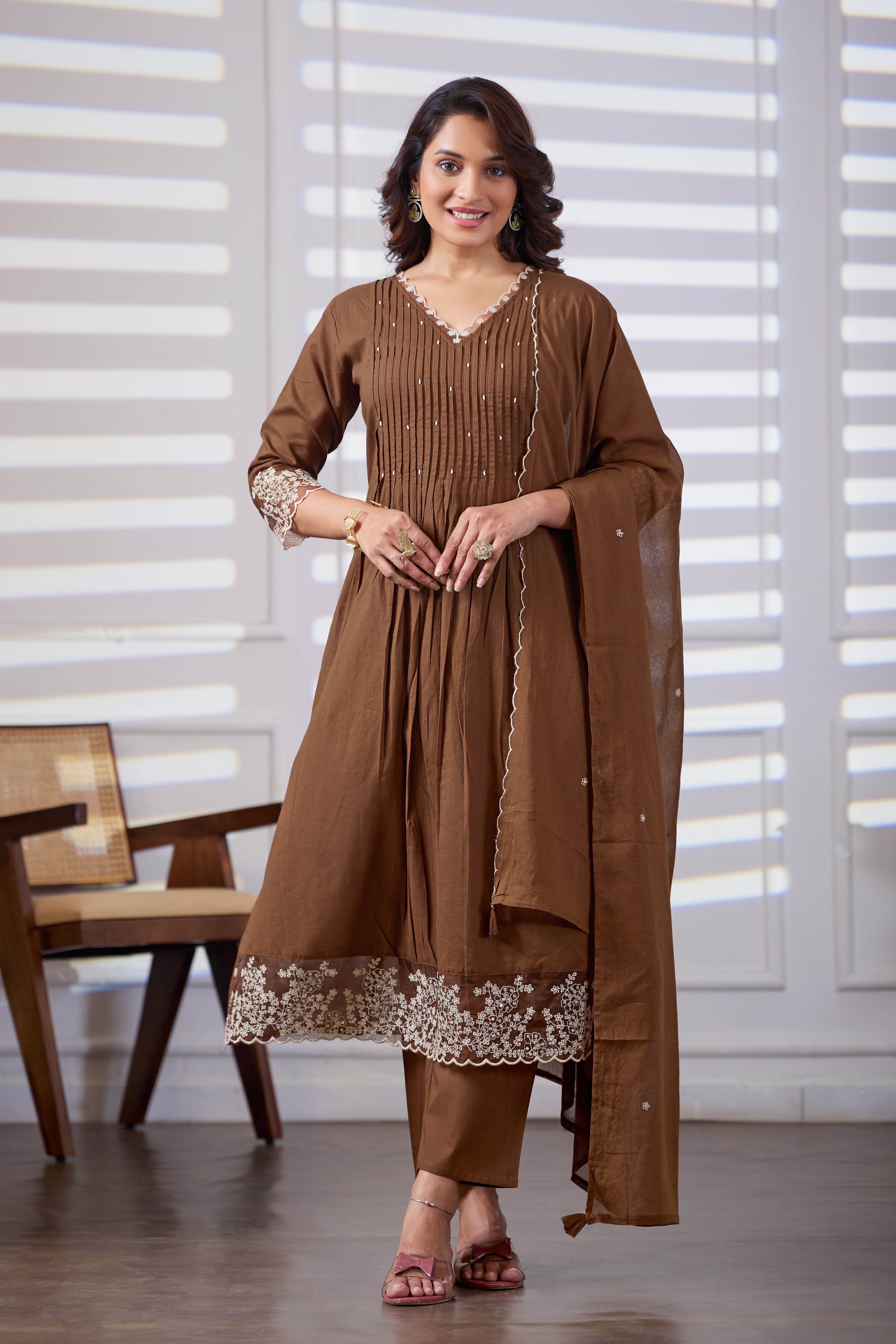 VARAMYA Brown A-line Cotton Suit