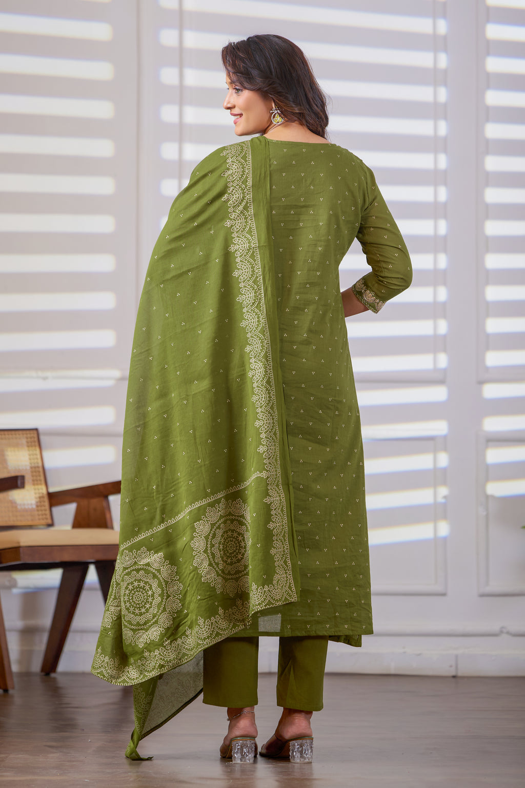 VARAMYA Olive Green Cotton Embroidered Suit Set with Dupatta