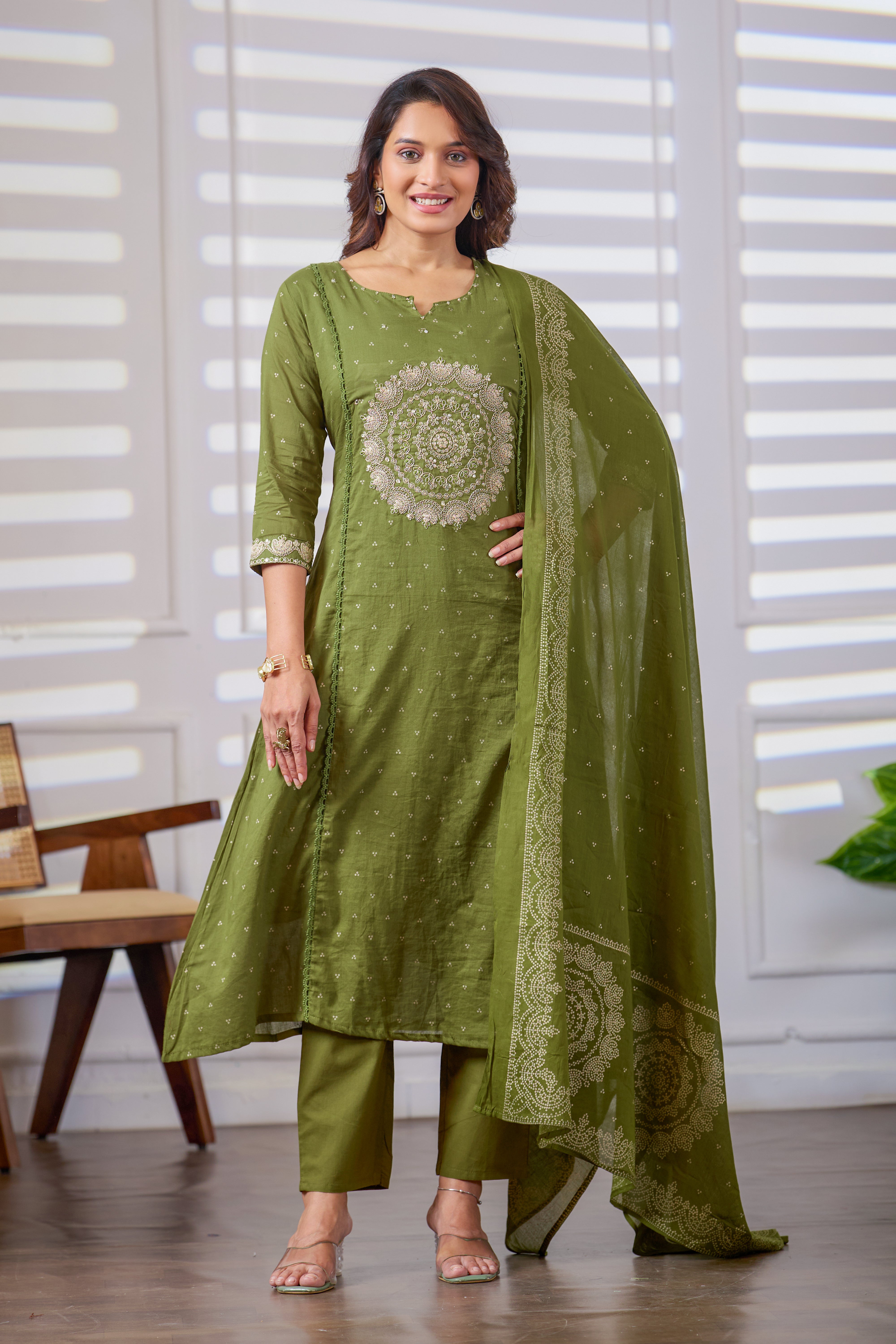 VARAMYA Olive Green Cotton Embroidered Suit Set with Dupatta
