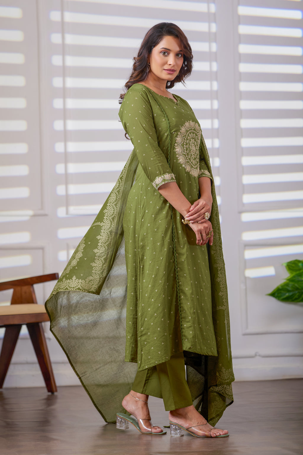 VARAMYA Olive Green Cotton Embroidered Suit Set with Dupatta