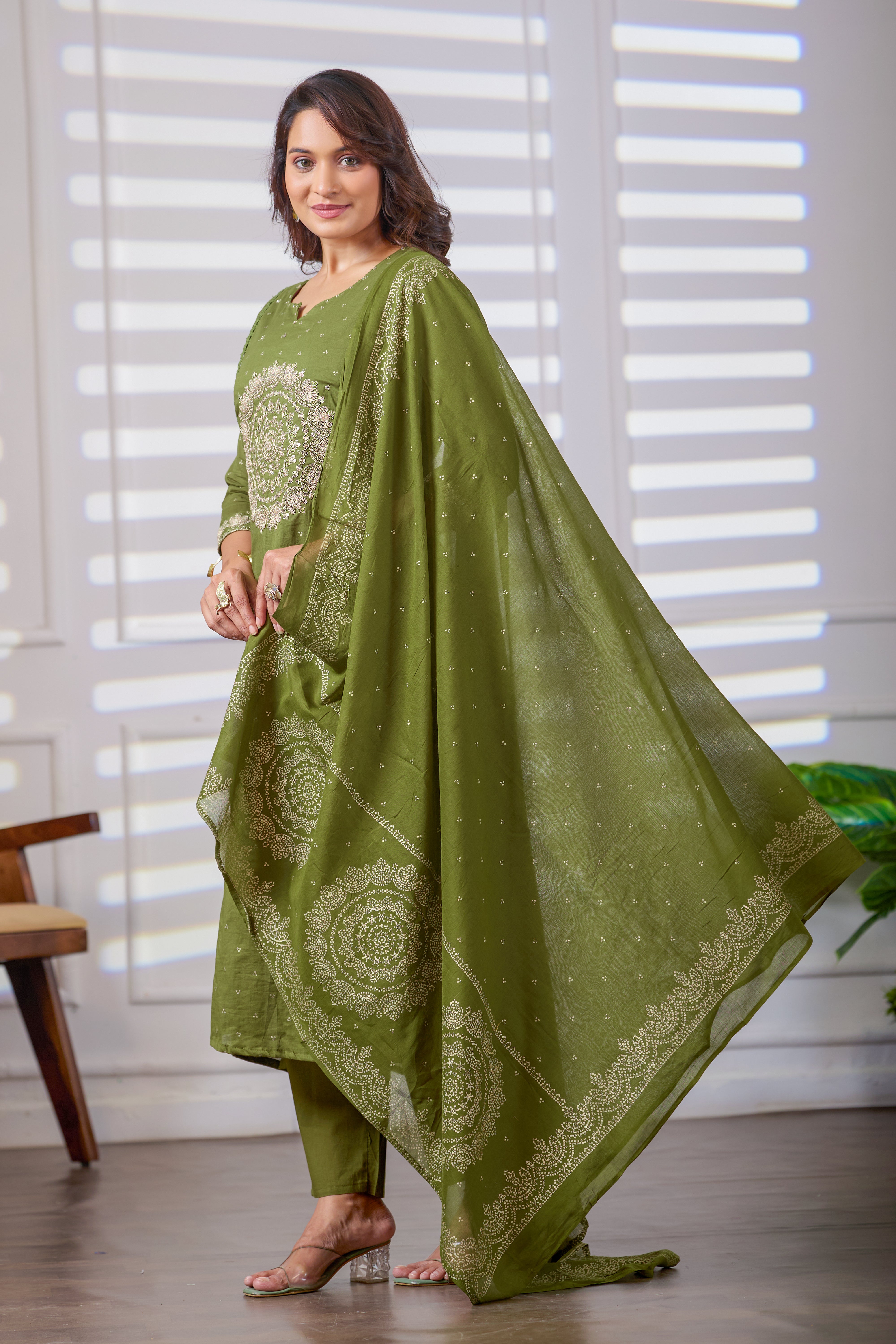 VARAMYA Olive Green Cotton Embroidered Suit Set with Dupatta