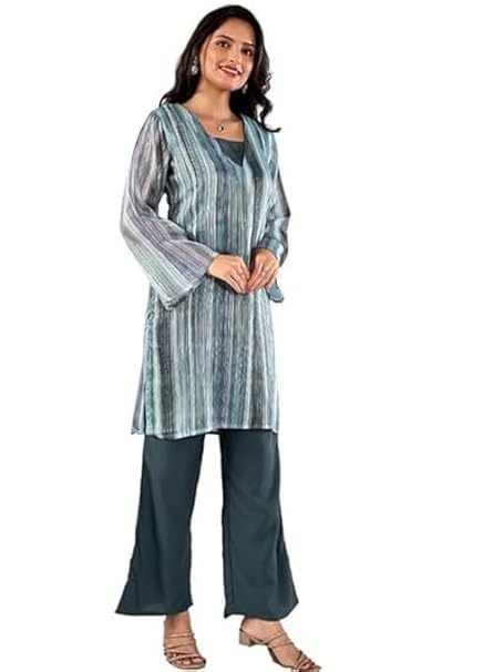 Striped V-Neck A-Line Kurta Set – Teal & Grey Multi-Toned Ethnic Co-ord with Wide Leg Trousers
