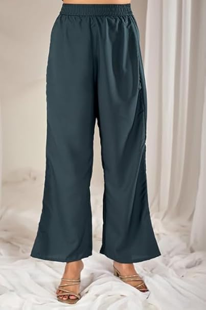 Striped V-Neck A-Line Kurta Set – Teal & Grey Multi-Toned Ethnic Co-ord with Wide Leg Trousers